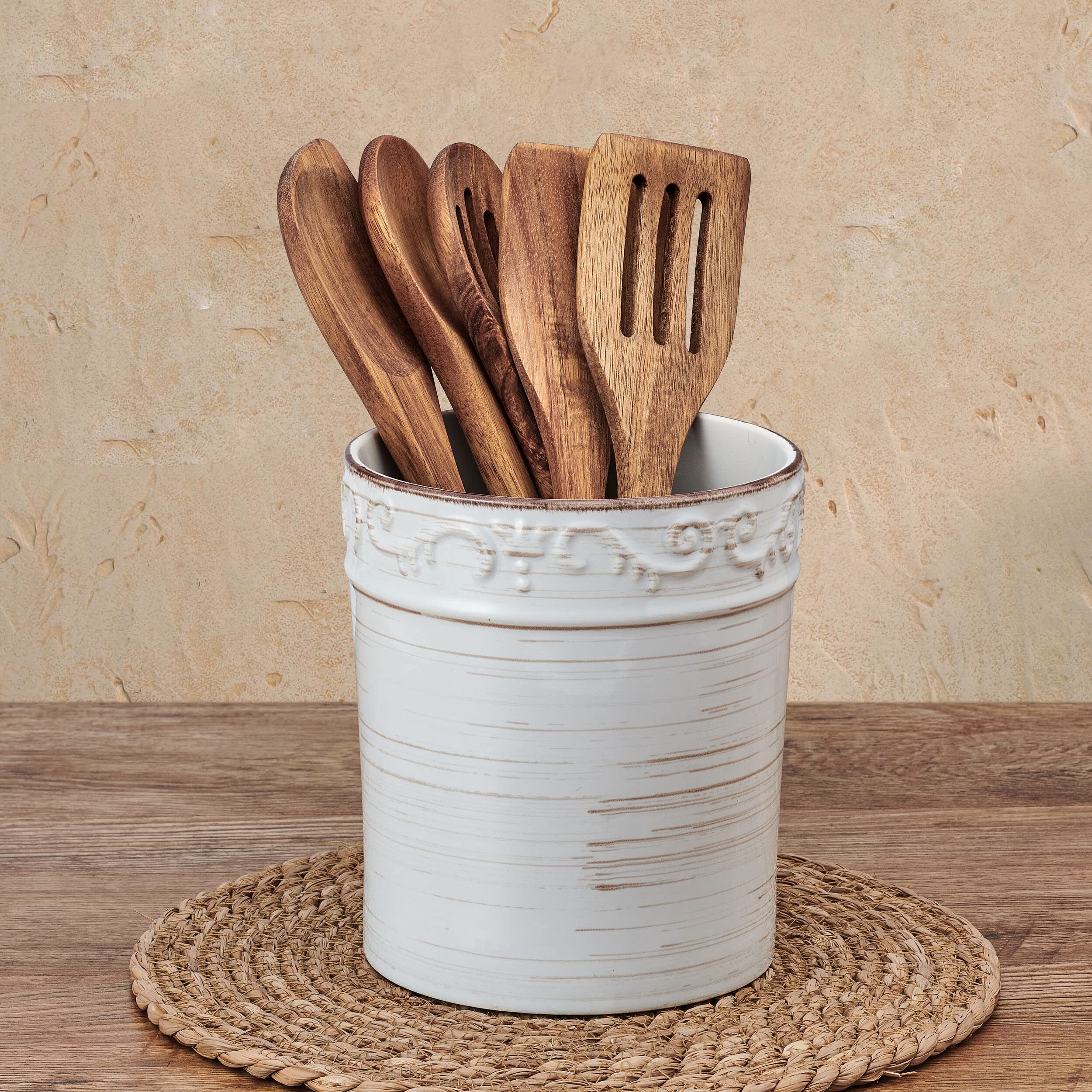 Pfaltzgraff Trellis Utensil Crock, 7X6 Inch, White