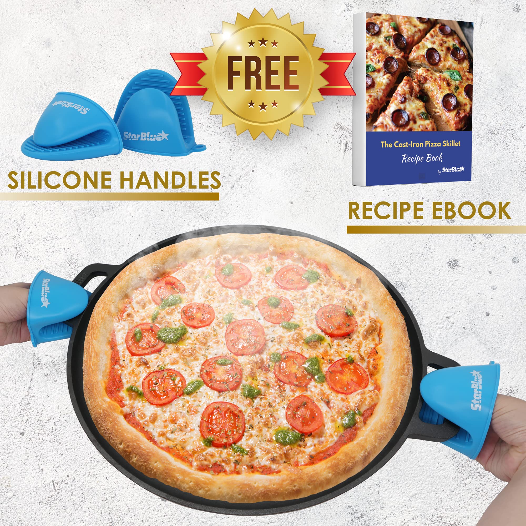 16 Inch Cast Iron Pizza Pan Round Griddle By Starblue With Free Silicone Handles And 30 Recipes Ebook- Pre-Seasoned Comal, Kitch