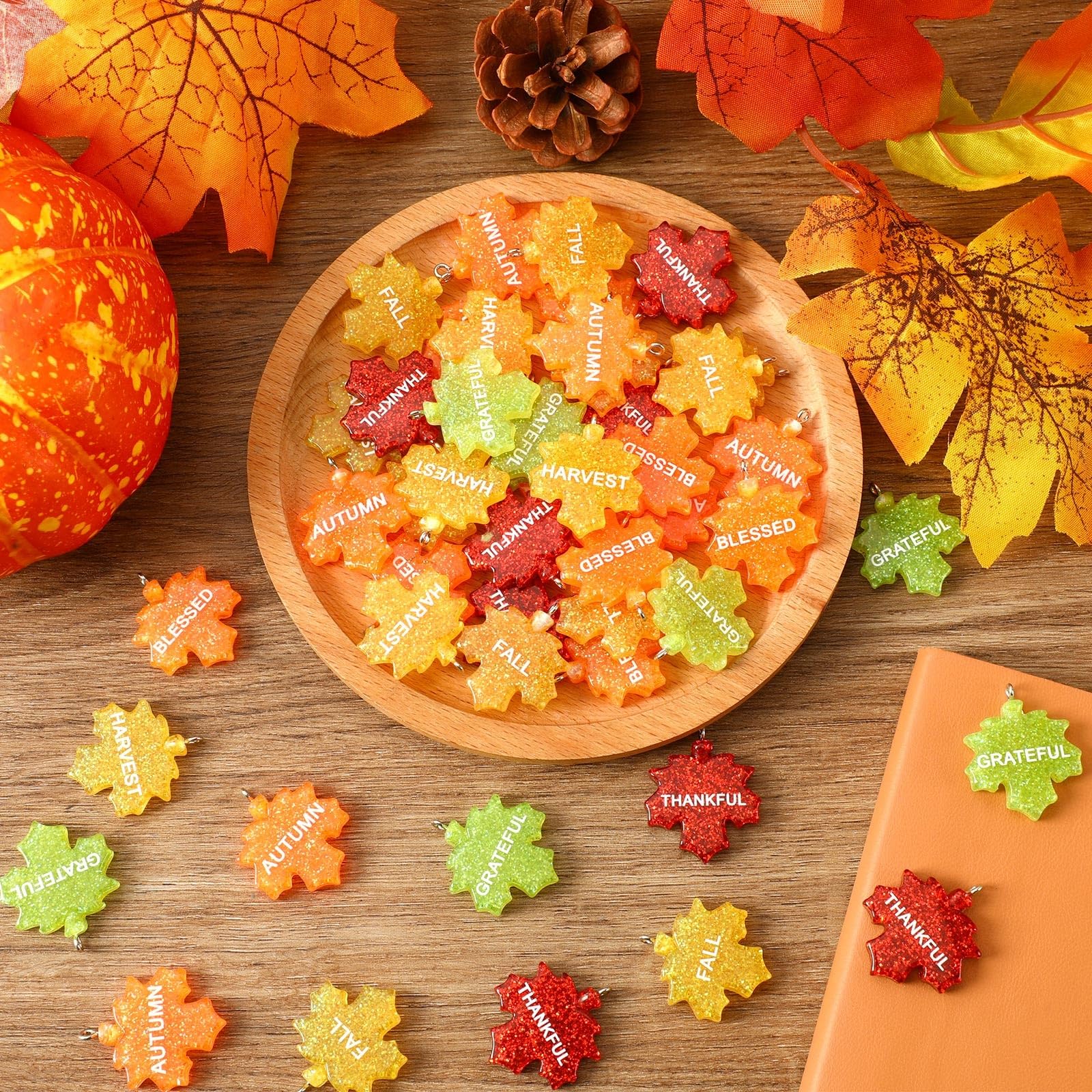 DTOFOOT 48Pcs Glitter Fall Maple Leaf Ornaments Resin Thanksgiving Hanging Ornaments for Small Tree Autumn Harvest Hanging Penda
