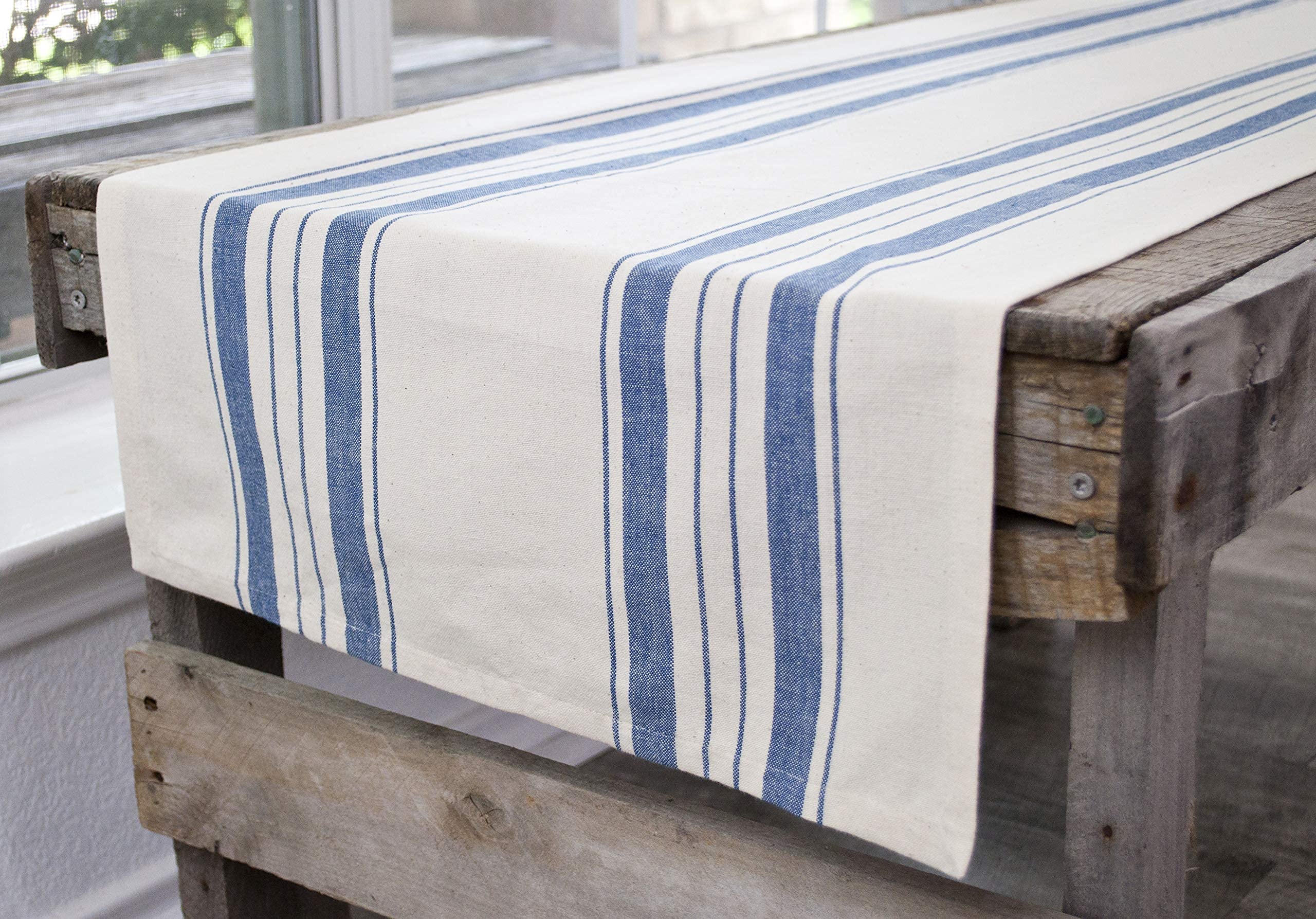 Cotton Table Runner, Dresser Scarf, Coffee Table Runner, In Blue Beige Farmhouse Rustic Decor (16Wx88.5L)