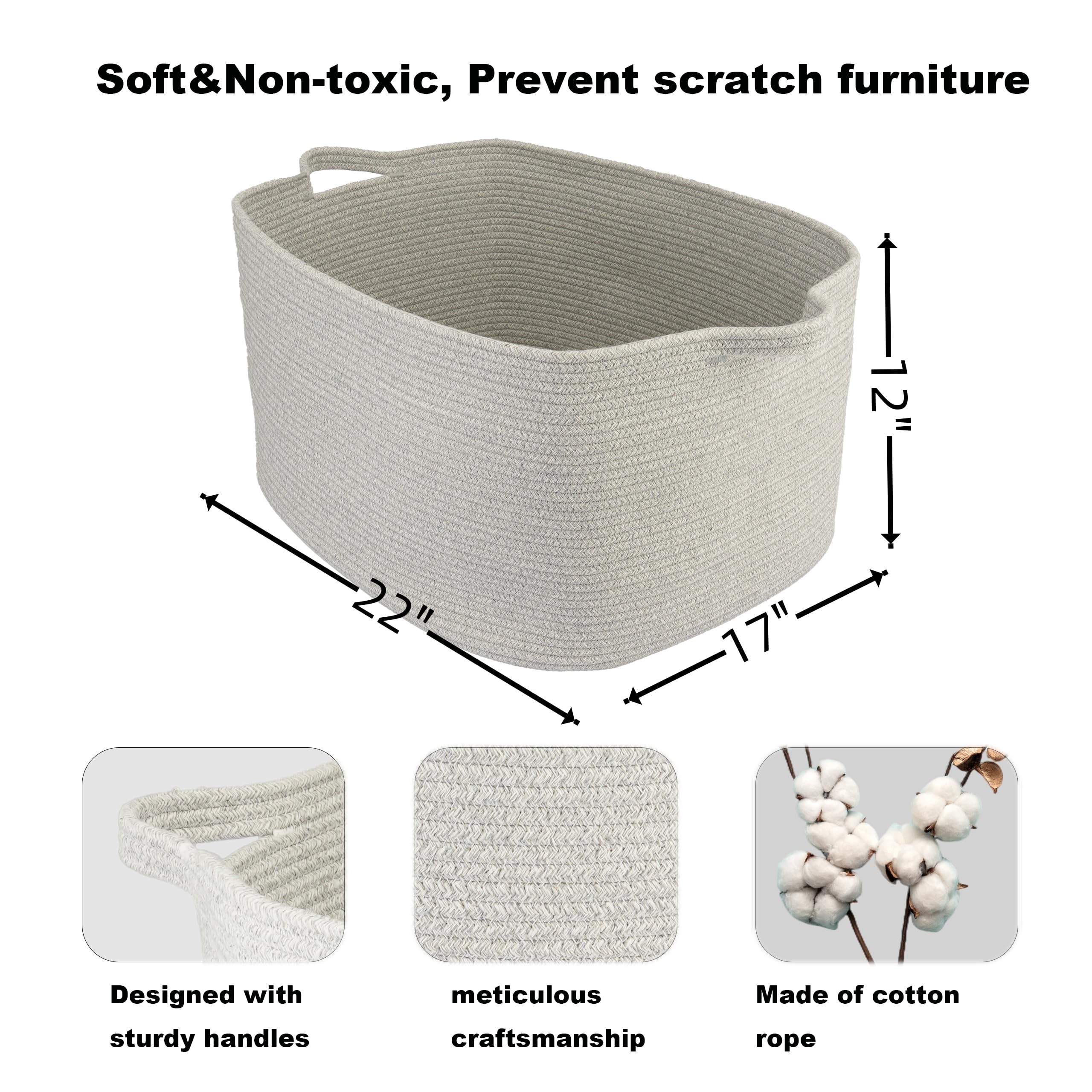 Xuanguo Large Rectangle Blankets Basket Living Room 22''X17''X12'' Woven Cotton Rope Storage Basket For Nursery Toy Basket For K