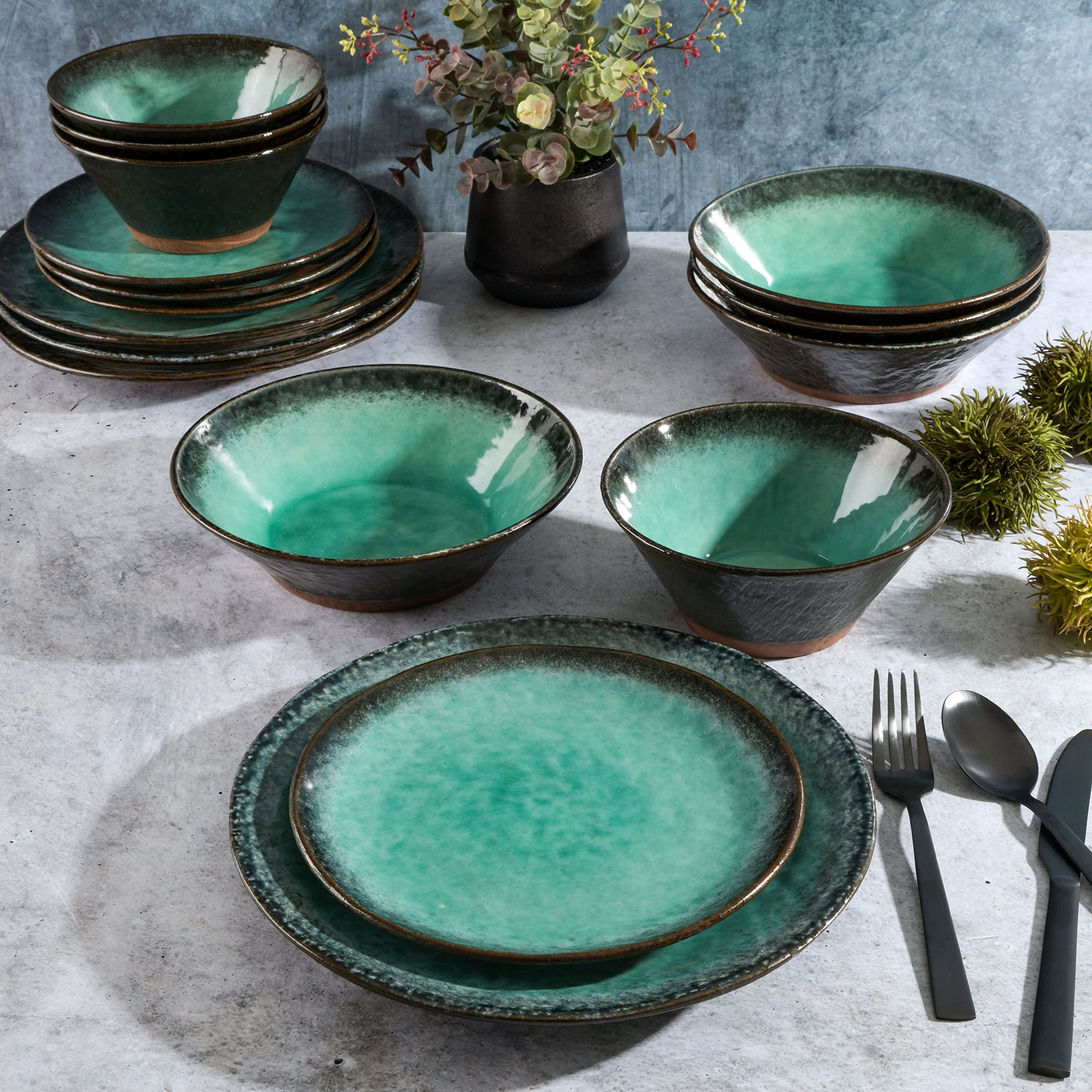 Gibson Elite Double Bowl Dinnerware Set, Service for 4 (16pcs), Stoneware, Teal & Soft Gray, Green Lantern Model 123471.16RM