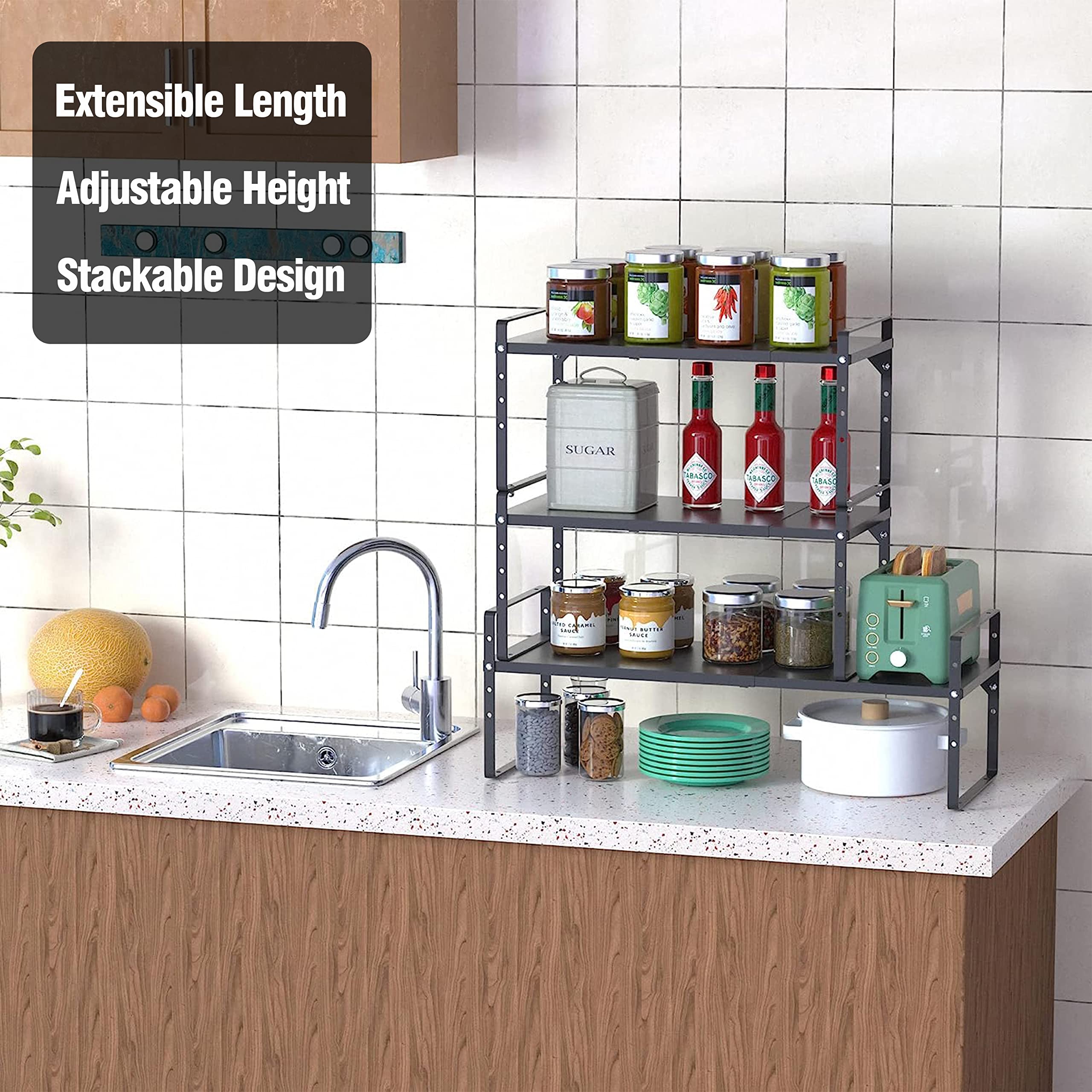 LOCVCDA Expandable Kitchen Cabinet Storage Shelf, Stackable Metal Pantry Storage Shelves Organizer, Adjustable Height Counter Sp