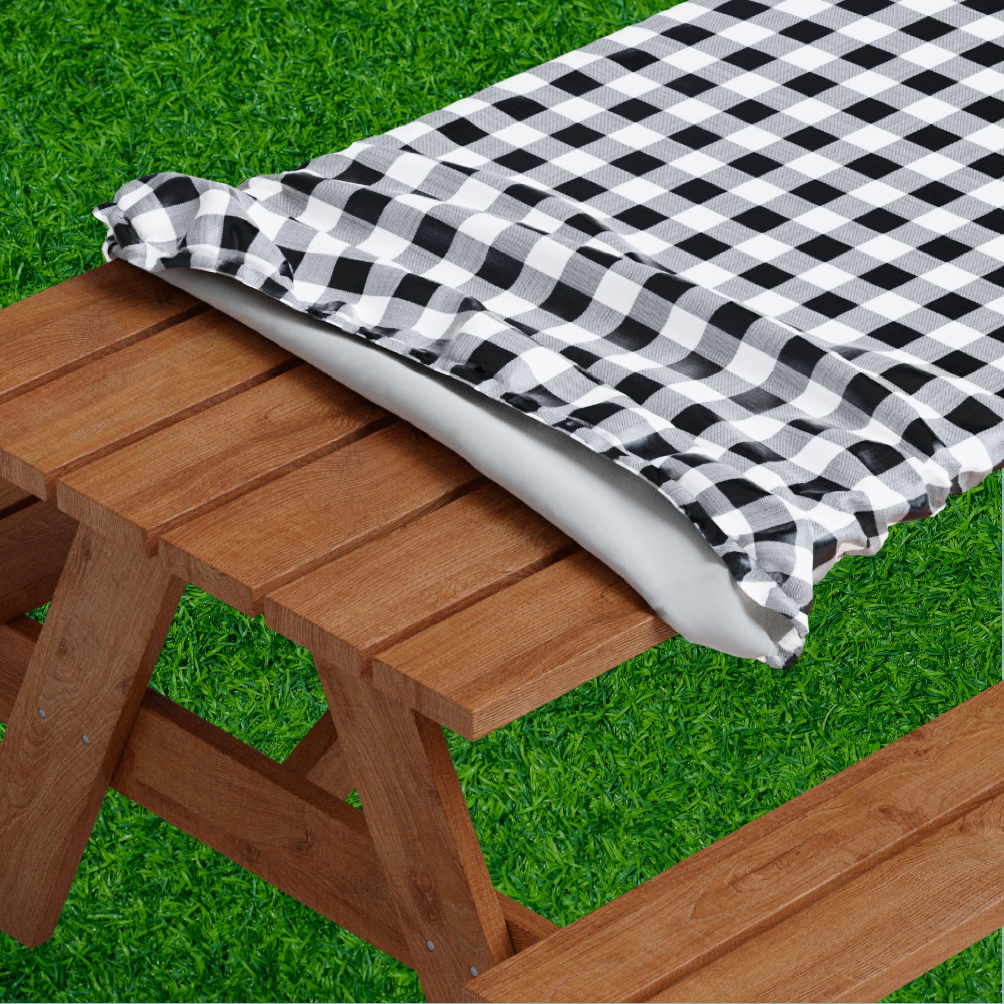 Sorfey Vinyl Picnic Table Fitted Tablecloth Cover, Checkered Design, Flannel Backed Lining, 28 x 72 Inch, Black