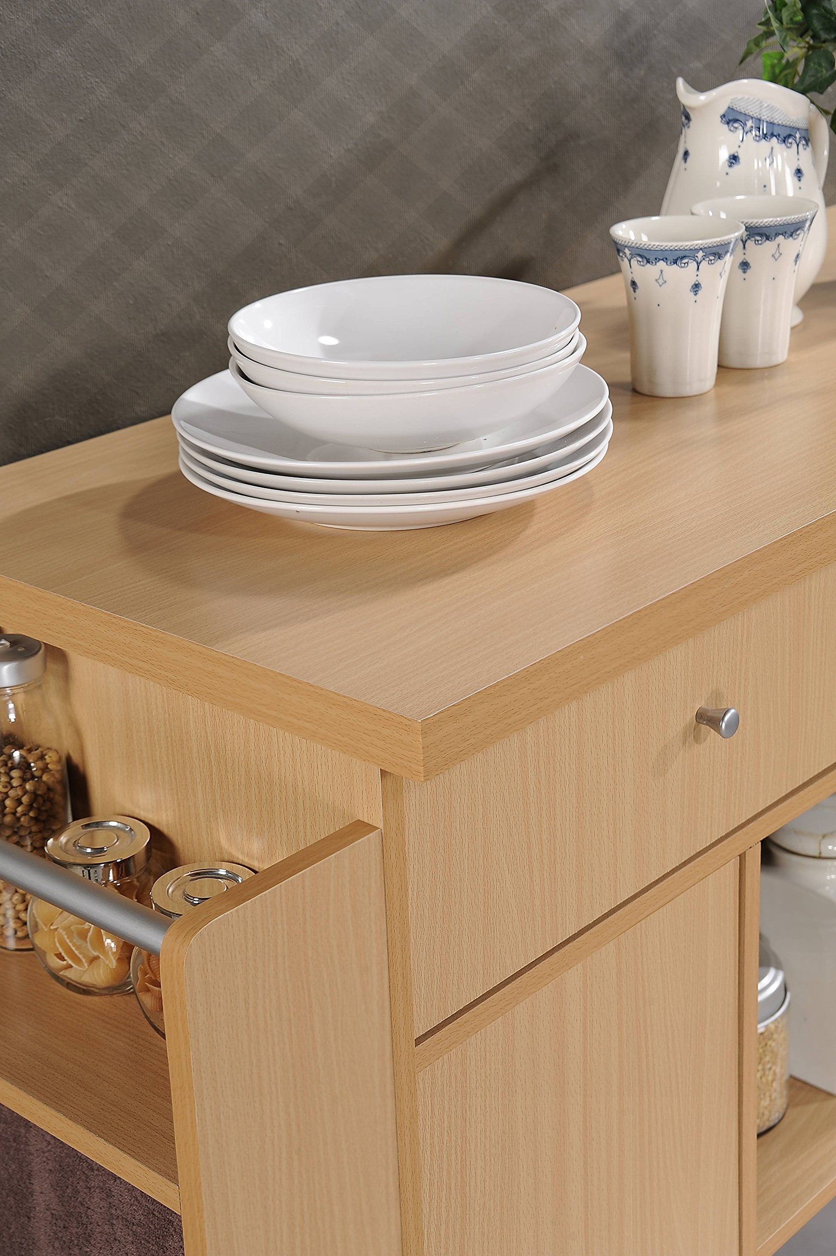 Hodedah Kitchen Island with Spice Rack plus Towel Holder in Beech
