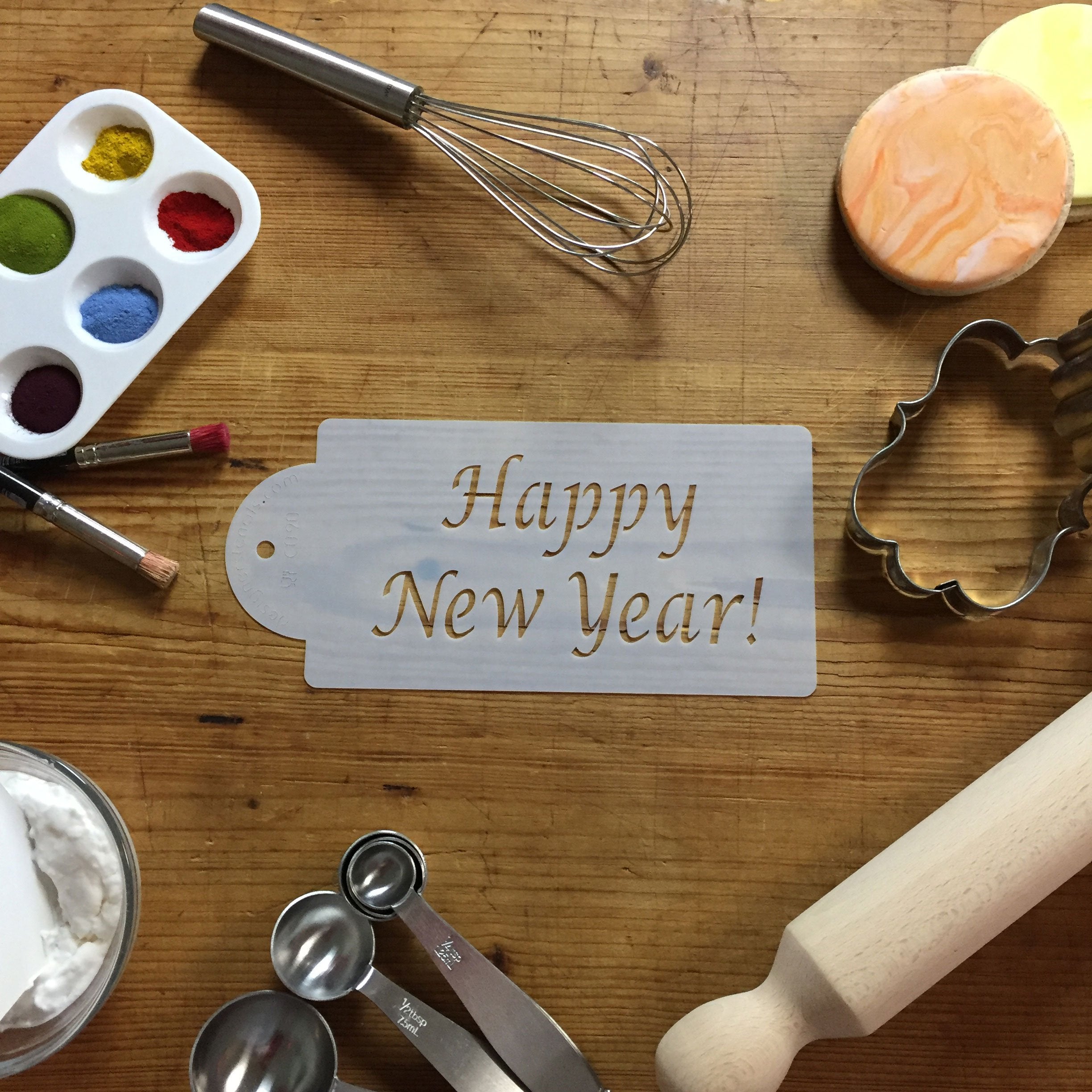 Designer Stencils Happy New Year Cake Stencil, Beige/Semi-Transparent
