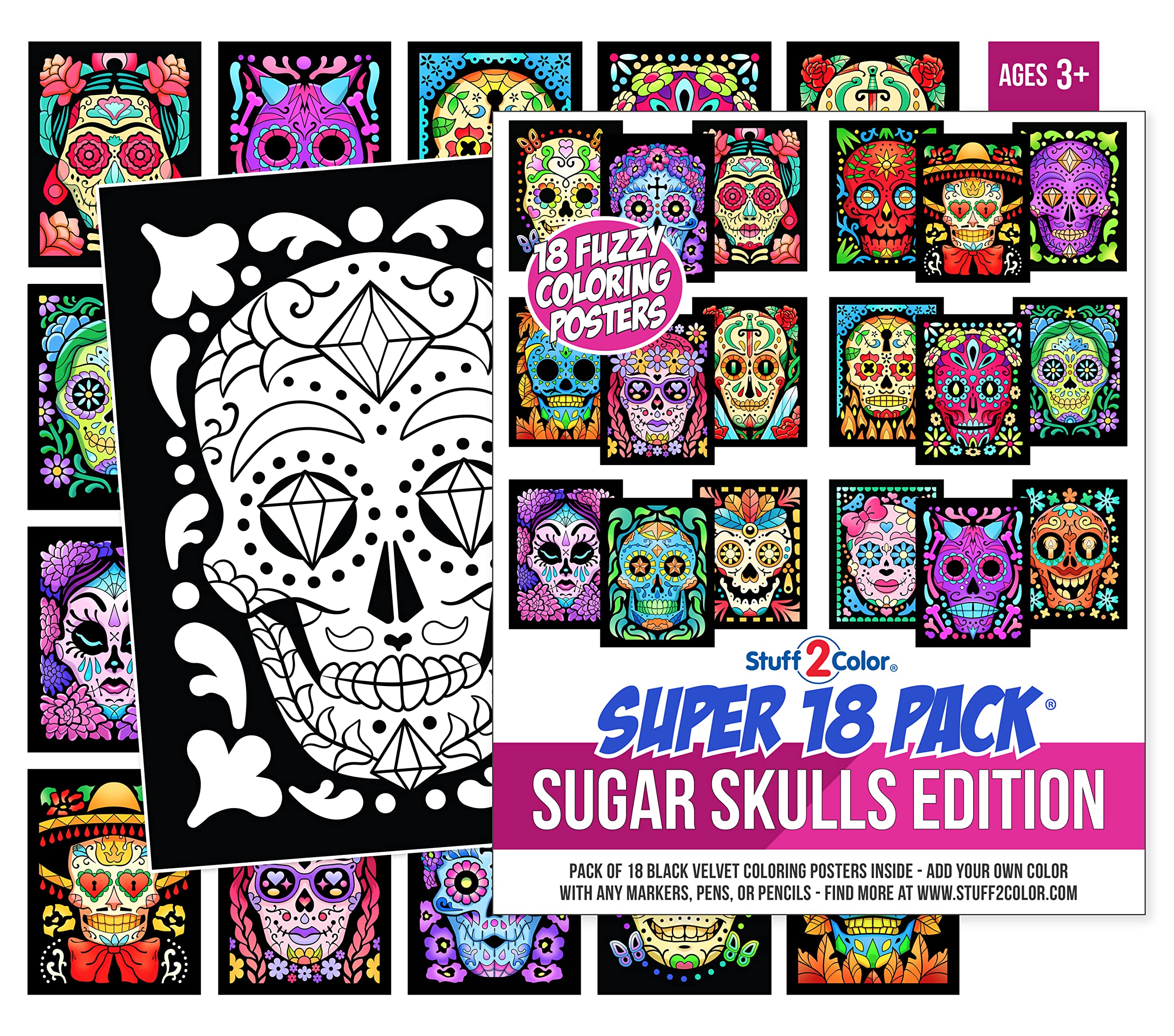 Stuff2Color Super Pack Of 18 Fuzzy Velvet Coloring Posters (Sugar Skulls Edition) - Great Kid Friendly Halloween, Day Of The Dea