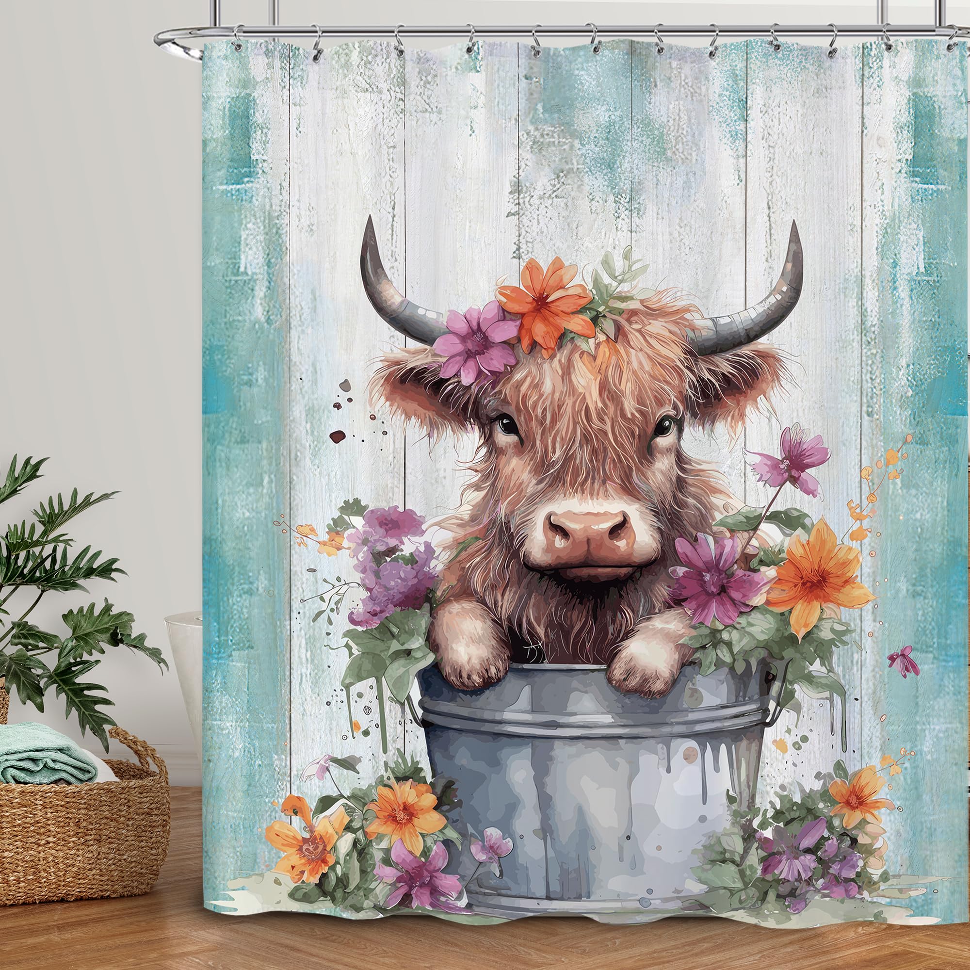 Laifzere Cute Baby Highland Cow Shower Curtain Farmhouse Teal Wooden Shower Curtain For Bathroom Set Funny Cattle Rustic Animal