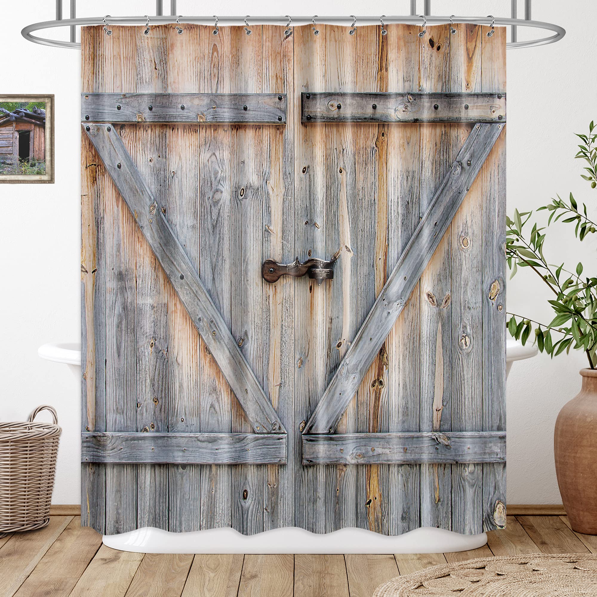 Riyidecor Extra Long Rustic Barn Door Shower Curtain 72Wx84H Inch Farmhouse Wooden Plank Country Barnwood Vintage 12 Pack Metal