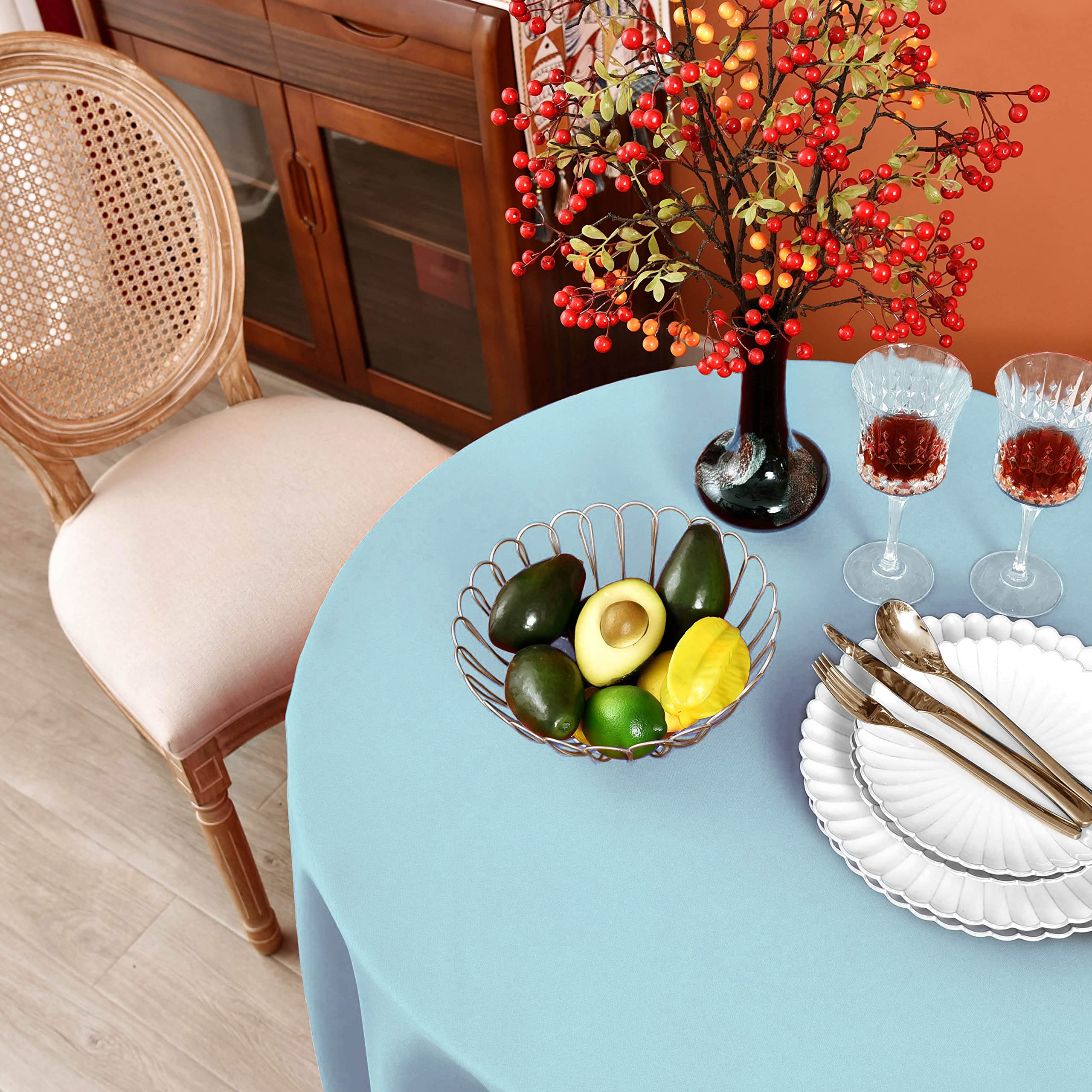 Meanmoy Baby Blue 210 Gsm Water & Stain Resistant Round Tablecloth For Circle Table - Solid 90 Inch Table Cloth Cover In Wrinkle