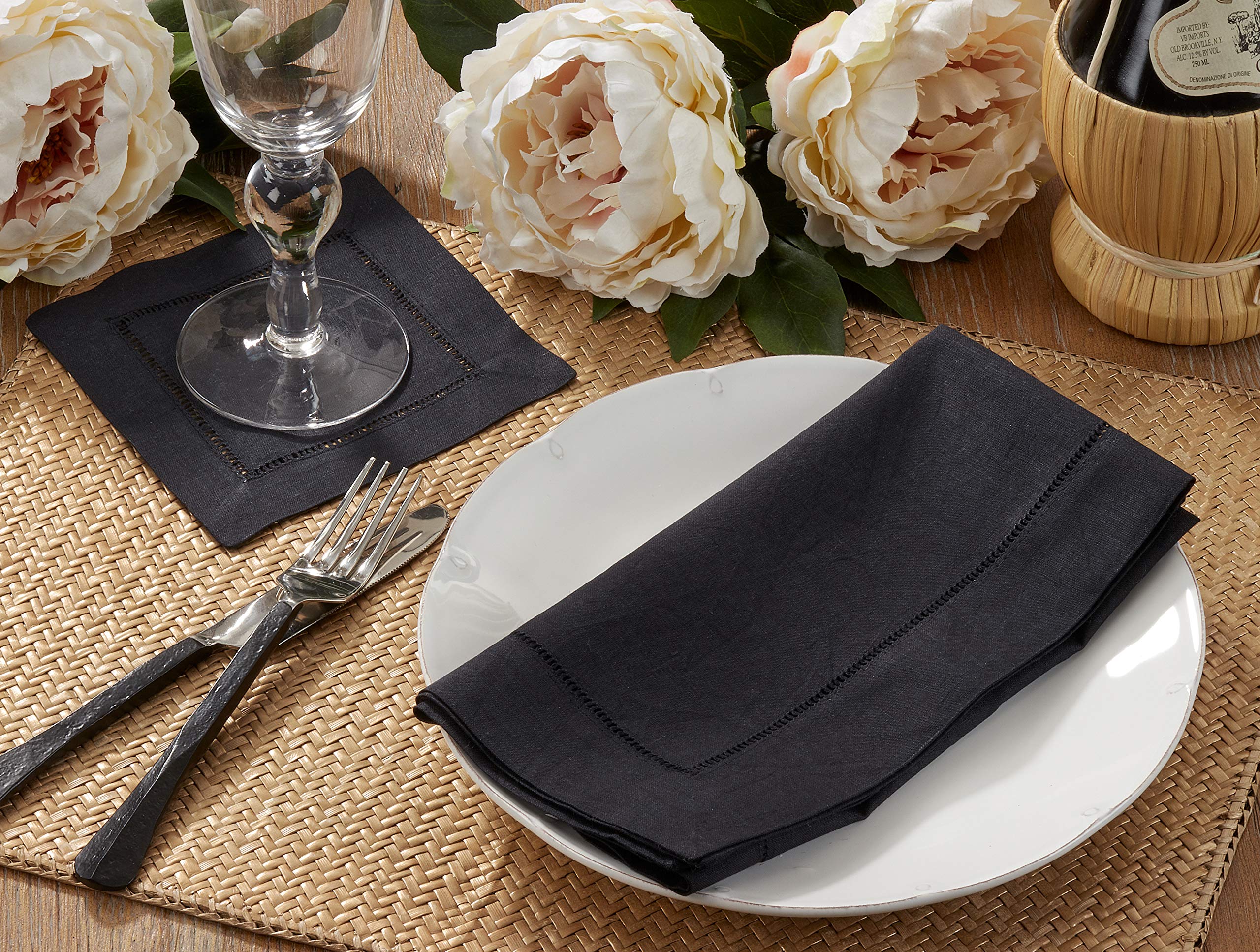 Saro Lifestyle Black 6100C 24/7 Everyday Collection Hemstitched Dinner Napkin, 20'' Square-Set Of 4 Pcs, 12 Pieces