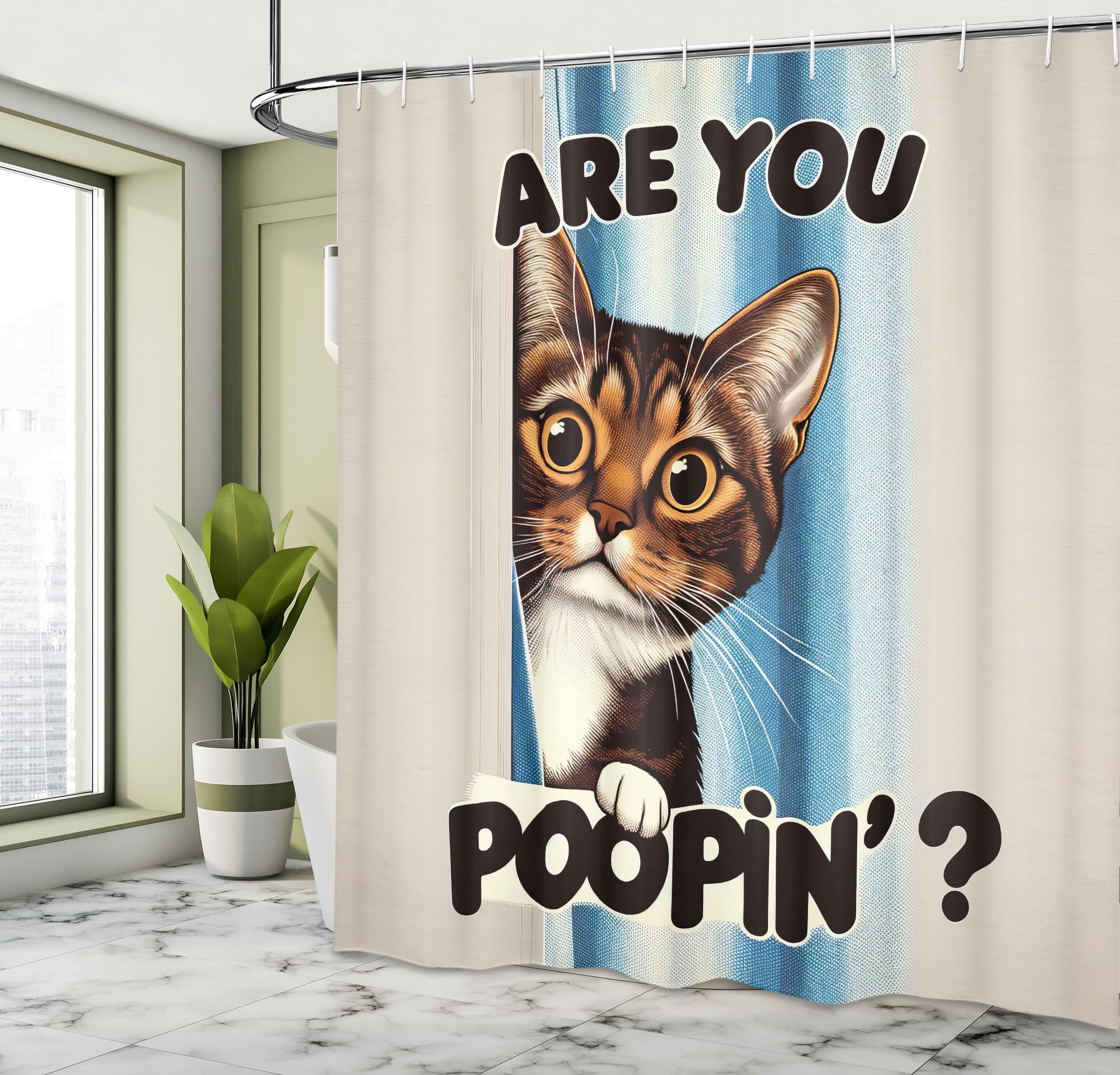 Ambesonne Cat Shower Curtain, Vintage Curious Brown Kitten With Are You Poopin' Writing Joke Humor Themed, Cloth Fabric Bathroom