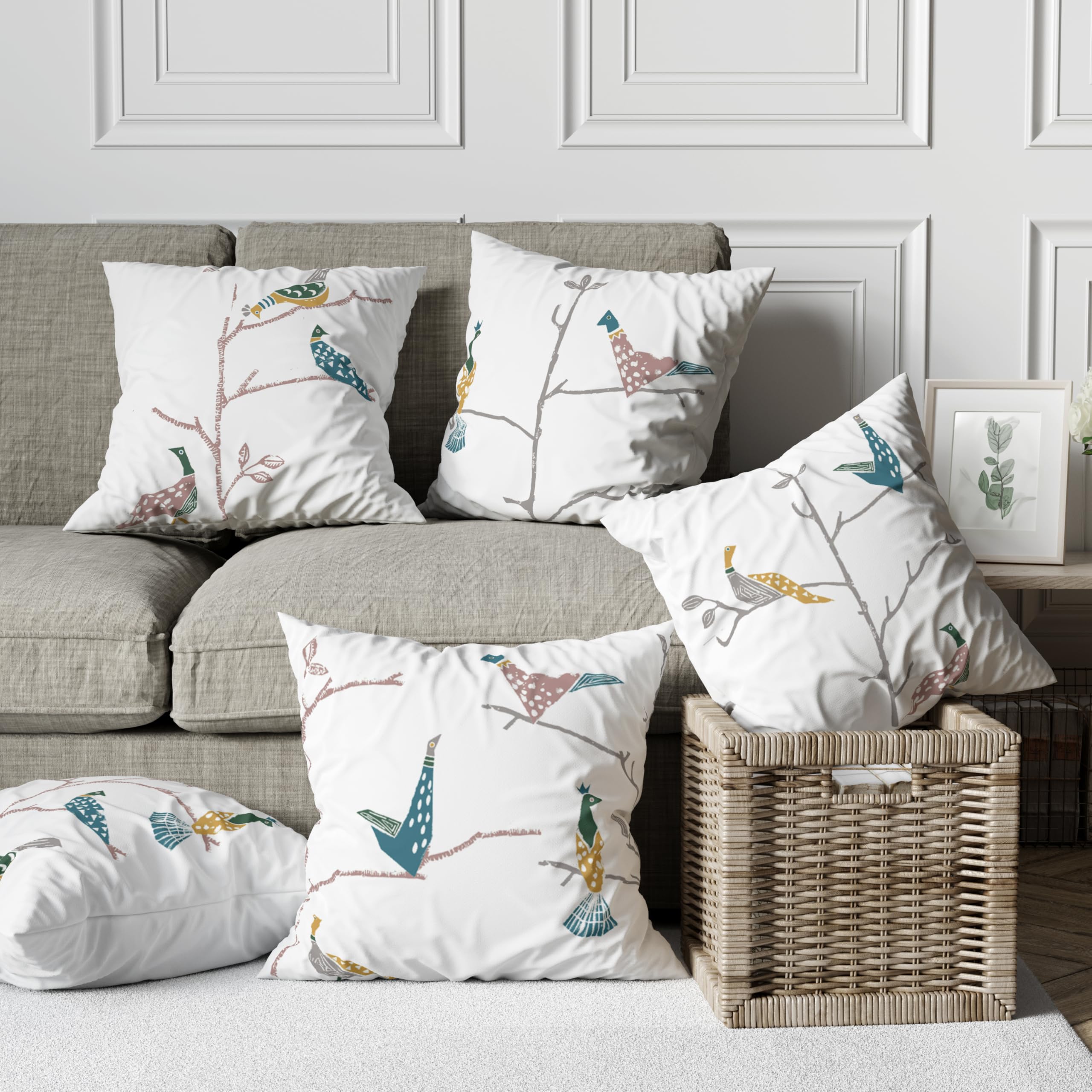 Tranquebar Curtain Co.Bird Printed Canvas Cotton Cushion Covers (Shiri-Blue-Yellow) Set Of 5-16 Inch X 16 Inch