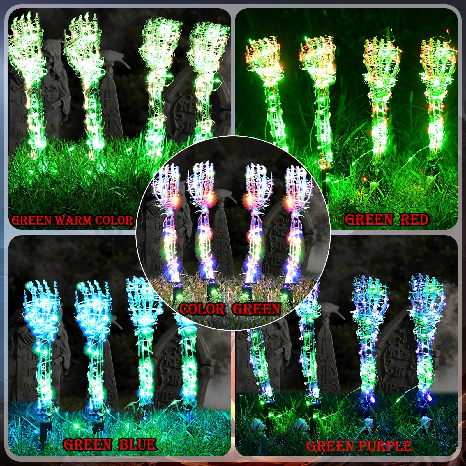 Halloween Lighted Skeleton Hands Set, 4 Pack Light Up Skeleton Arm Stakes, 4 x 3m 240 LED Green & Blue Lights with 3 Modes, Real