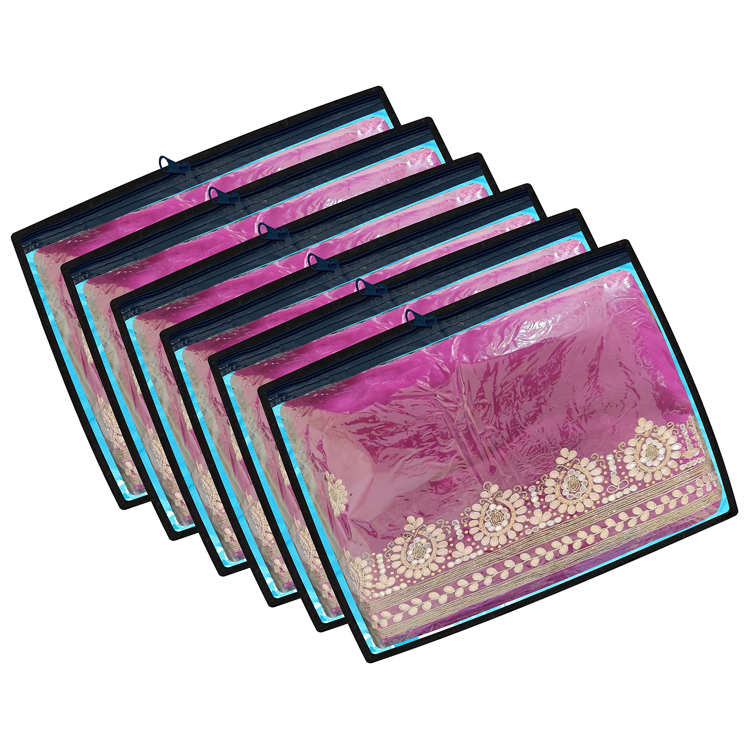 Wings Star Set Of 6 Single Saree Cover| Clothes Storage Bags| Wardrobe Organiser With Transparent Top (Blue)