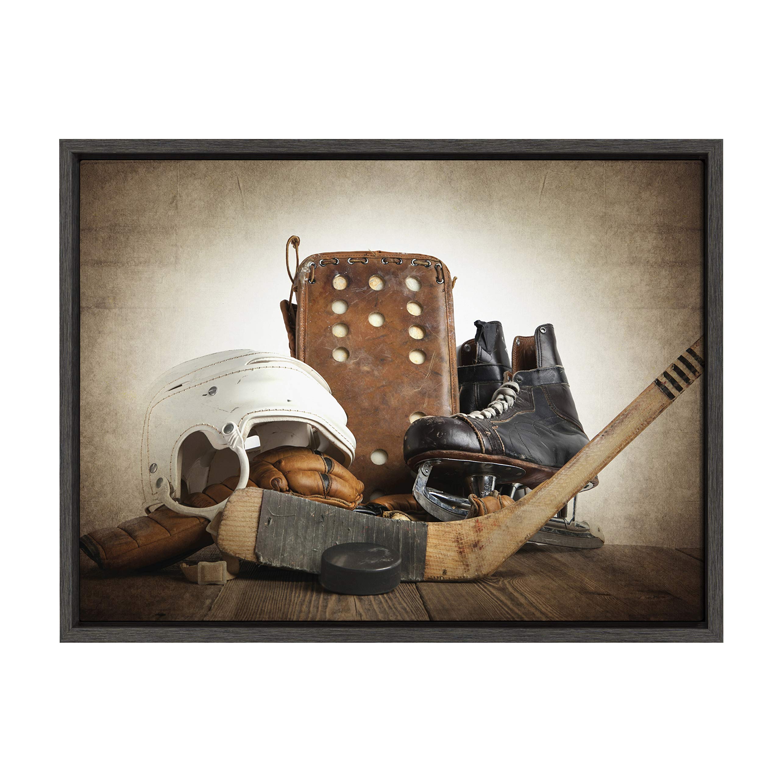 Designovation Sylvie Vintage Hockey Gear Sport Print Framed Canvas Wall Art By Shawn St. Peter, 18X24 Dark Grey, Traditional Cla