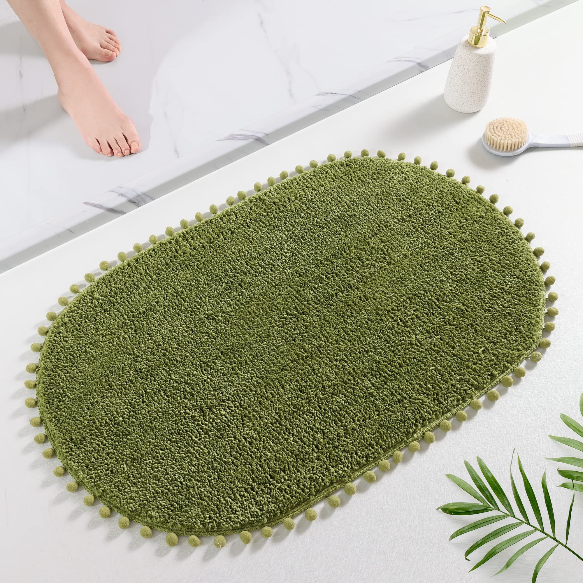 Yirddeo Olive Green Pom Bath Rug For Bathroom Non Slip, Cute Boho Pom Oval Absorbent Shower Mat, Plush Soft Washable Rug (20X30