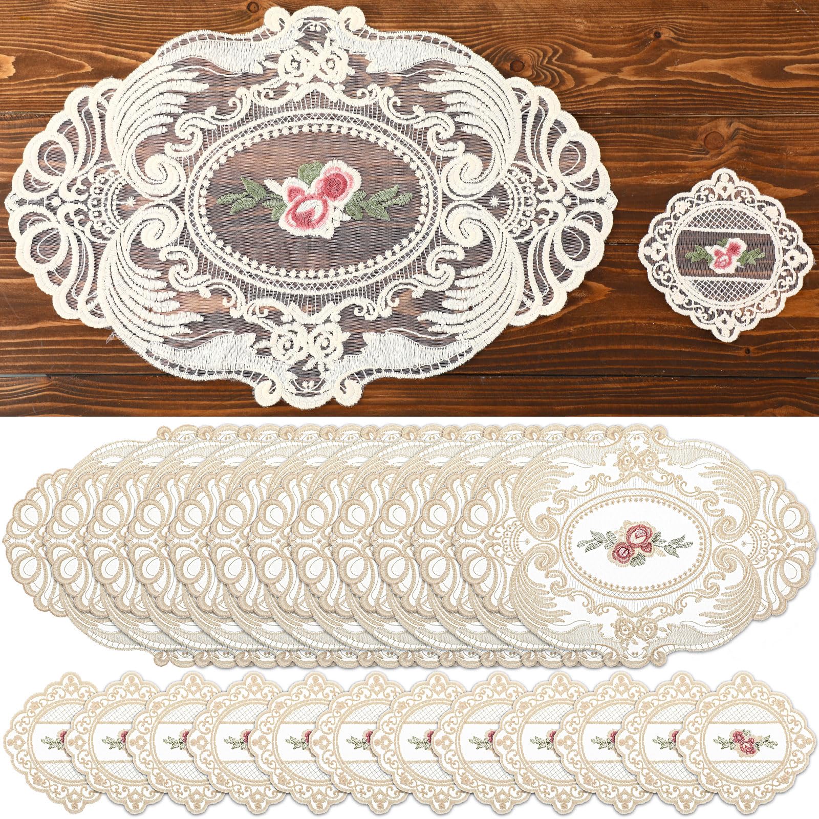 Mindsoft 24 Pcs Lace Placemats And Lace Coasters Vintage French Style Cloth Doilies Crochet Coasters Embroidered Lace Doilies Cu