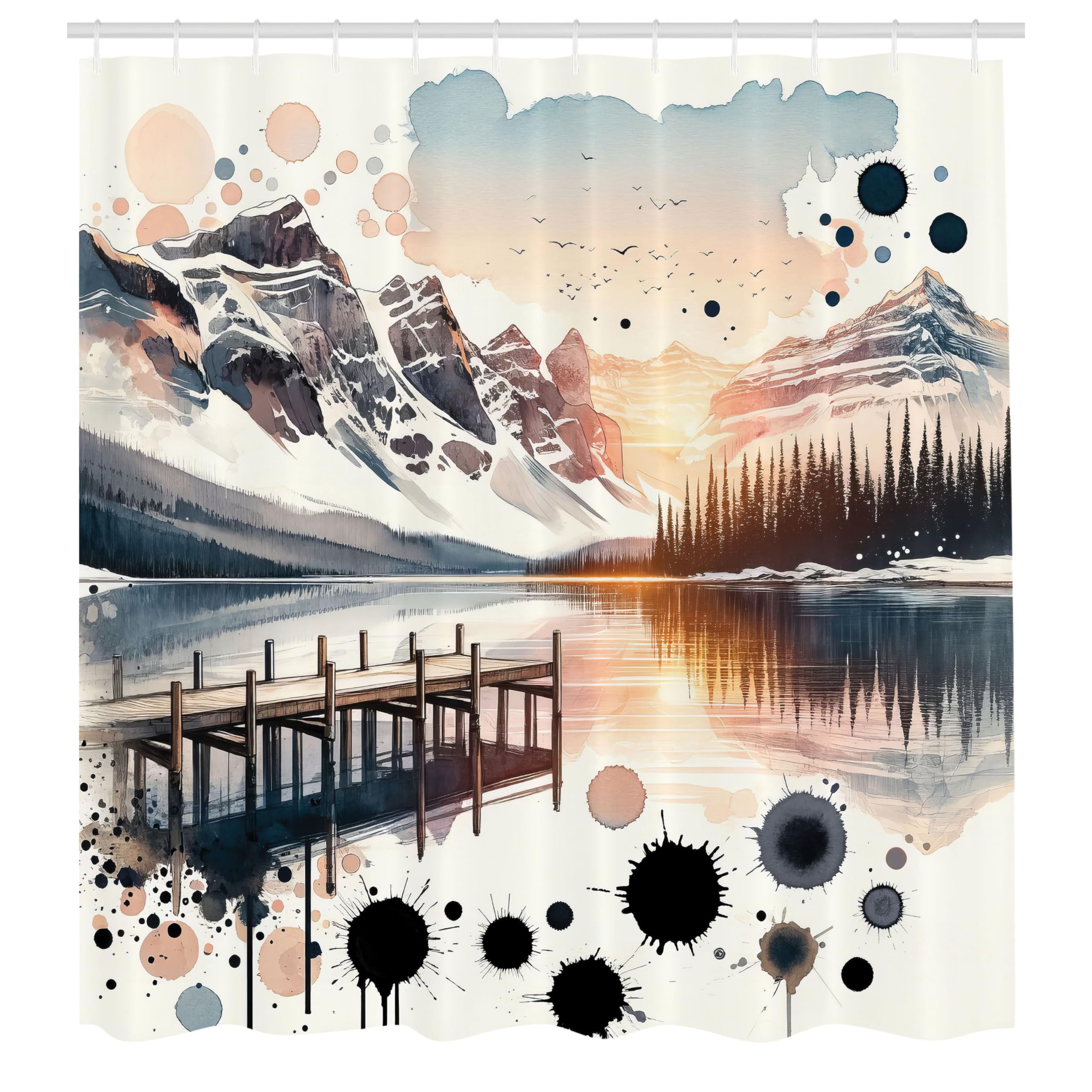 Ambesonne Lake Shower Curtain, Surreal Mountain Landscape Illustration Abstract Paint Splatter Blots, Cloth Fabric Bathroom Deco