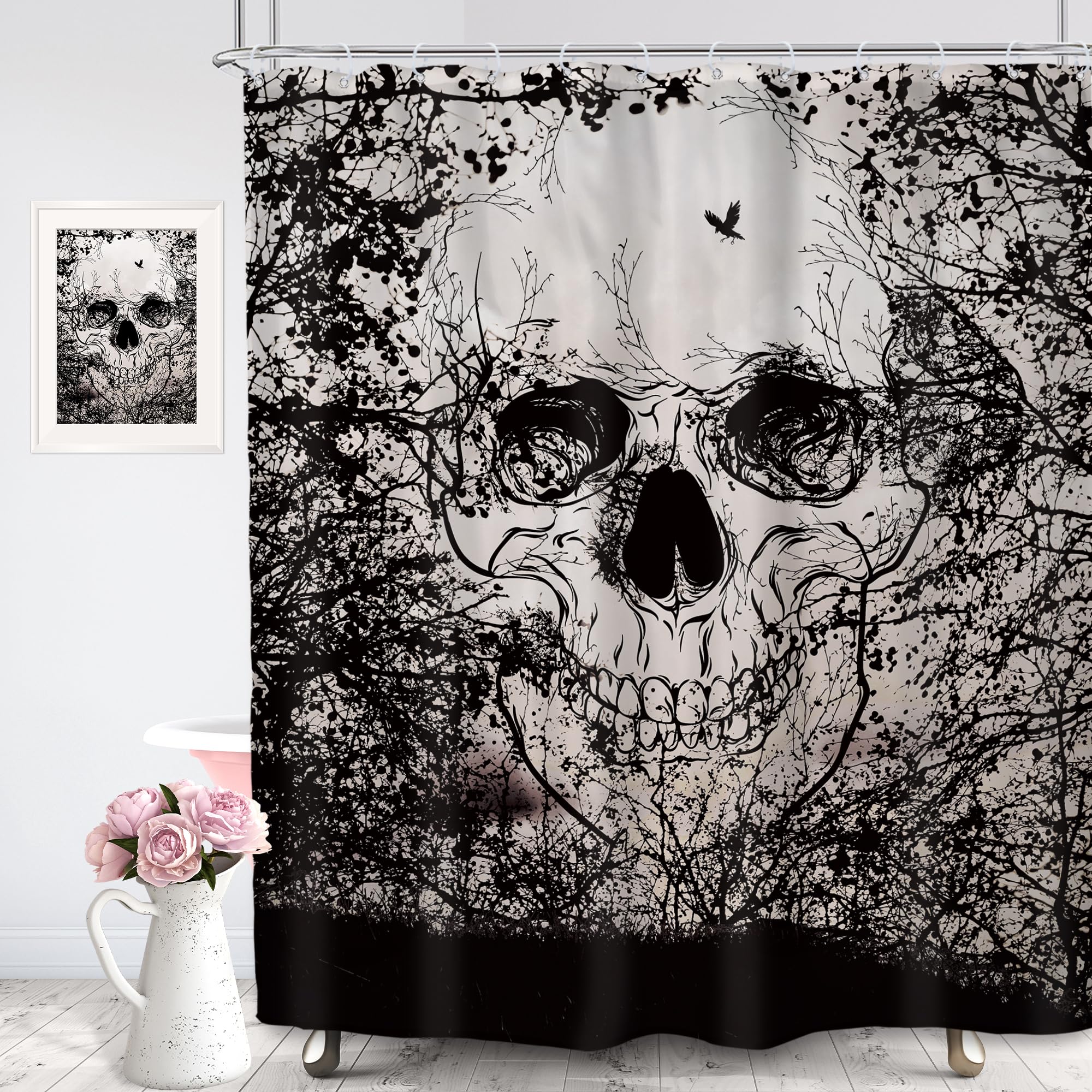 Svbright Skull Shower Curtain 60Wx72L Inch Spooky Shower Curtains Black Scary Tree Gothic Skeleton Bone Cool Horror Unique Sketc