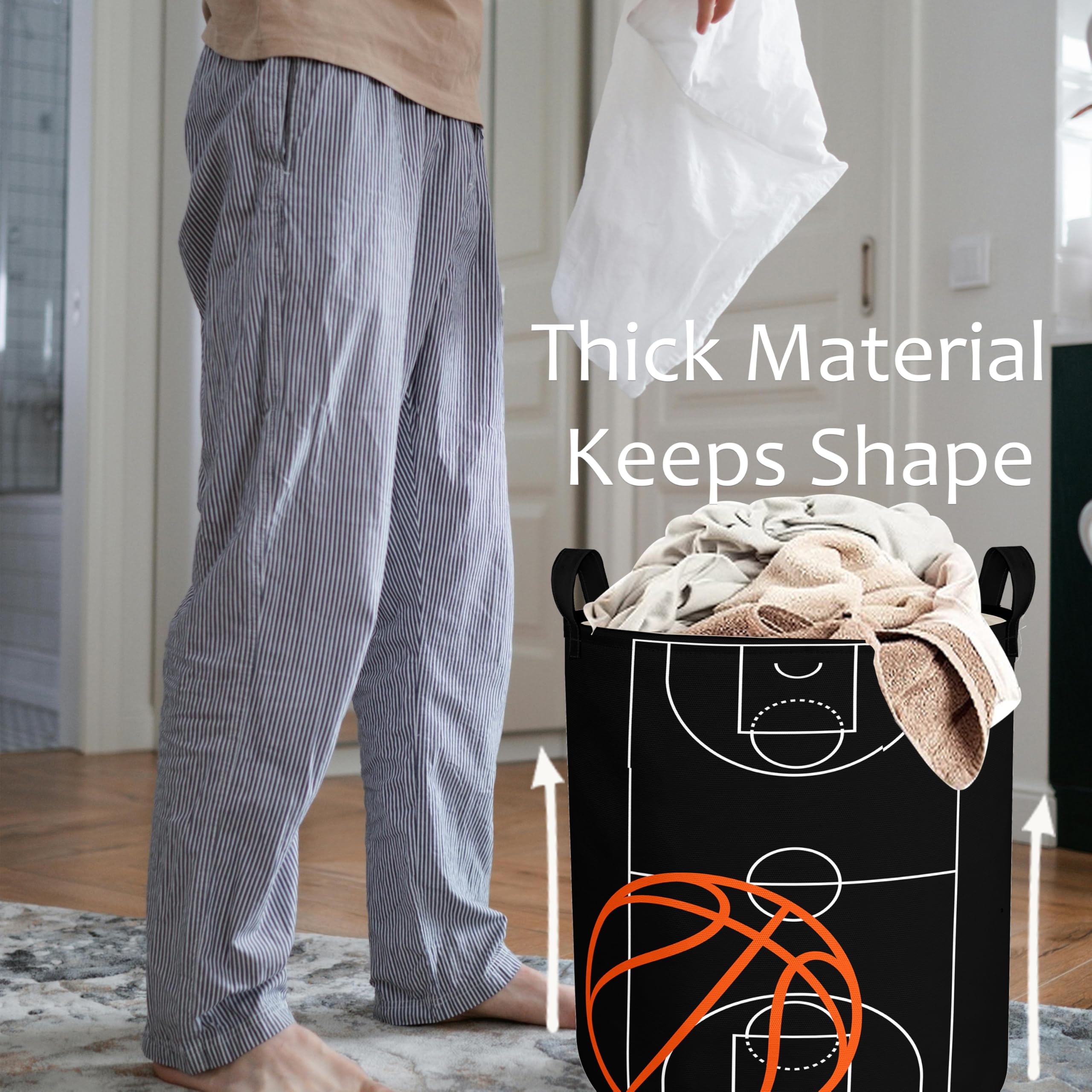 Basketball Kids Laundry Basket With Lining Waterproof Oxford Boys Girls Laundry Hamper Black Ball Clothes Storage Bucket Toy Org