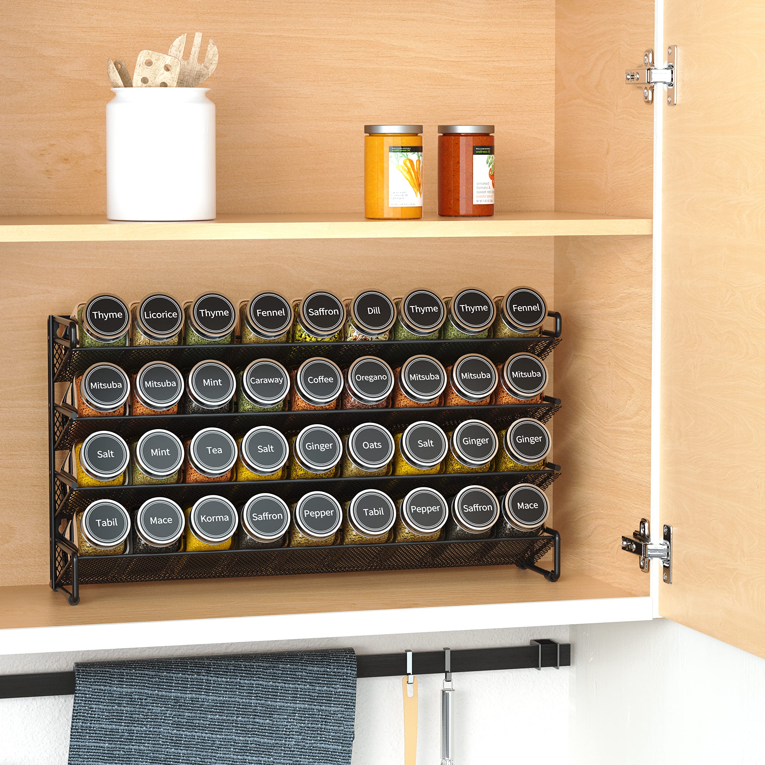 SpaceAid Spice Rack Organizer with 36 Spice Jars, 386 Spice Labels, Chalk Marker and Funnel Set for Cabinet, Countertop, Pantry,