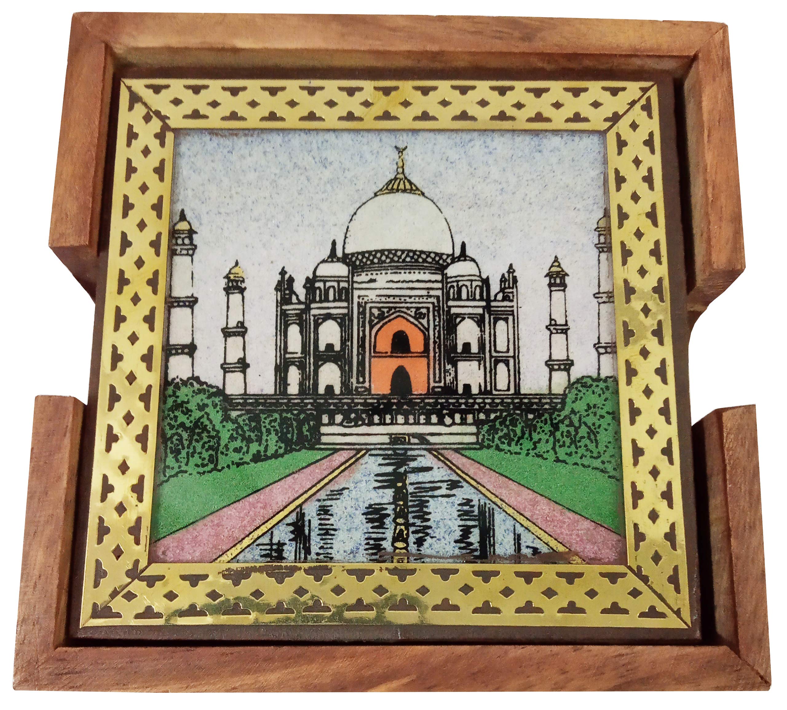Purpledip Pinewood Gemstone Coasters (Set Of 6): Taj Mahal (10716A)