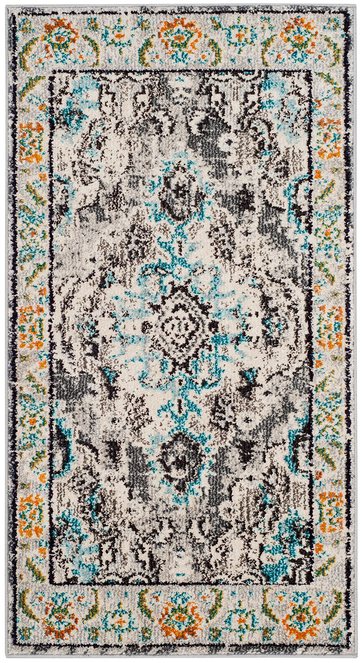 SAFAVIEH Monaco Collection Accent Rug - 22 x 4, Grey & Light Blue, Medallion Distressed Design, Non-Shedding & Easy Care, Idea