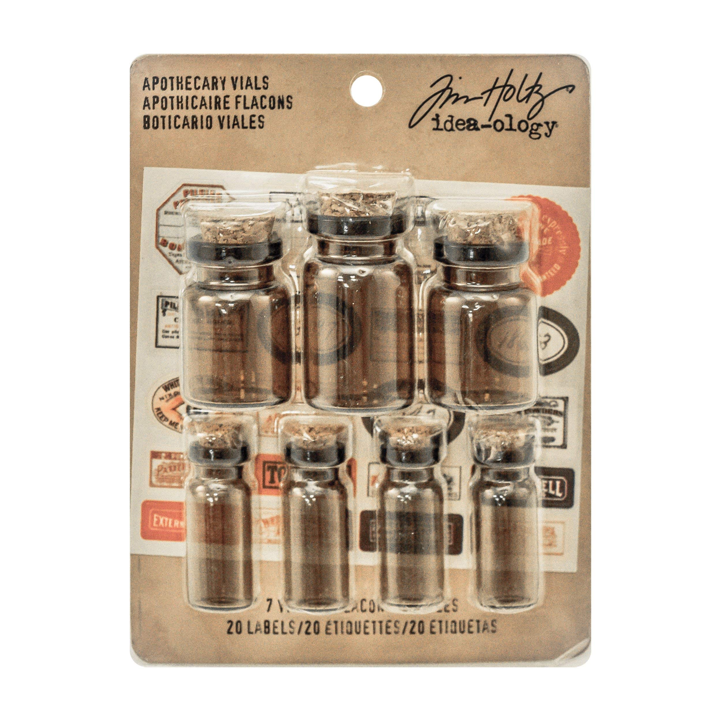 Tim Holtz Idea-Ology Glass Apothecary Vials With Corks 7/Vial Pack, Includes 20 Vintage Labels And 7 Corks, Tinted Glass (Th9330