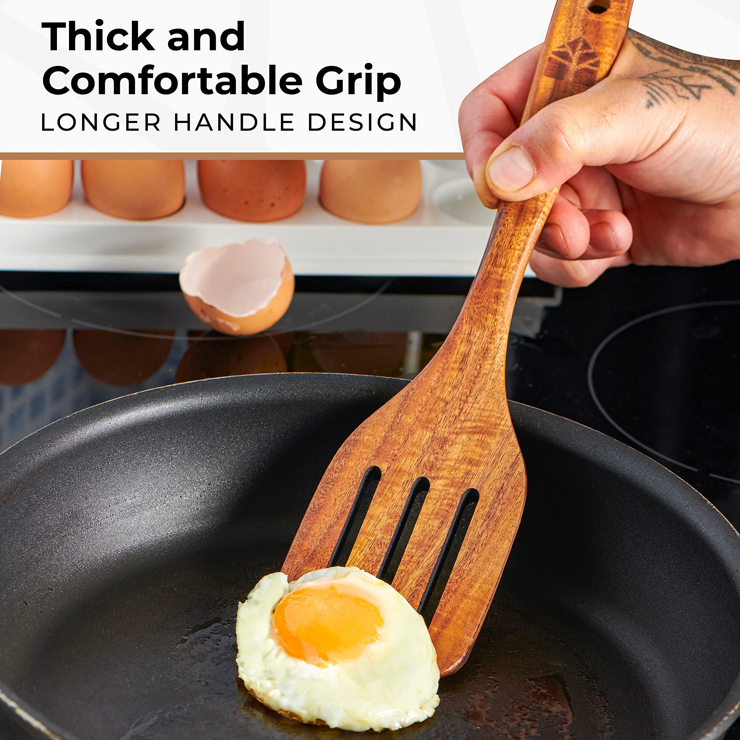 Wooden Spatula for Cooking  Kitchen Set of 4  Natural Teak Wooden Utensils including Paddle  Turner Spatula  Slotted Spatula and Wood Scraper. Nonstick cookware.