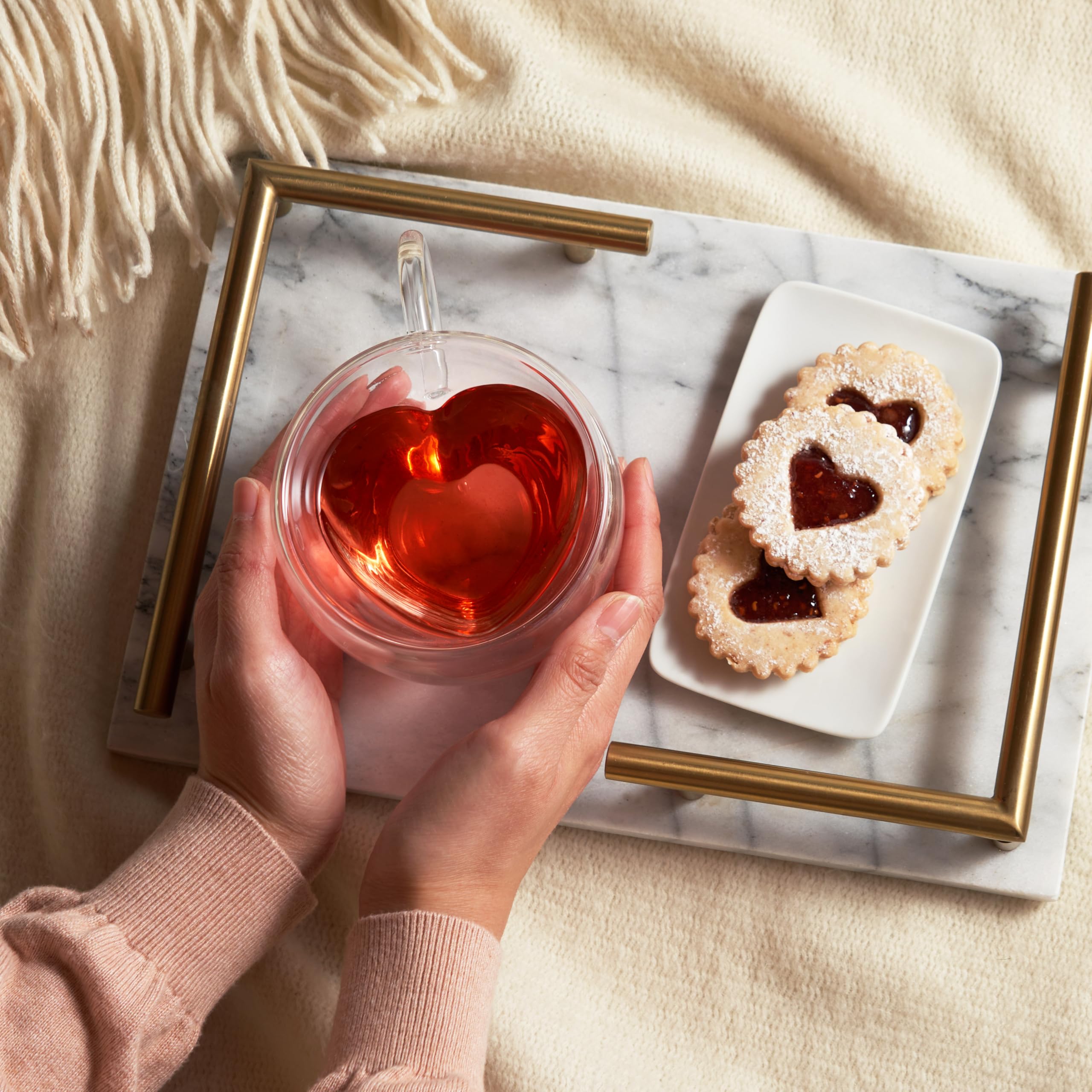 Pinky Up Kendall Heart Shaped Glass Tea Cups with Handle, Double Walled Coffee Mugs, Drinking Glasses for Hot Chocolate Milk, La