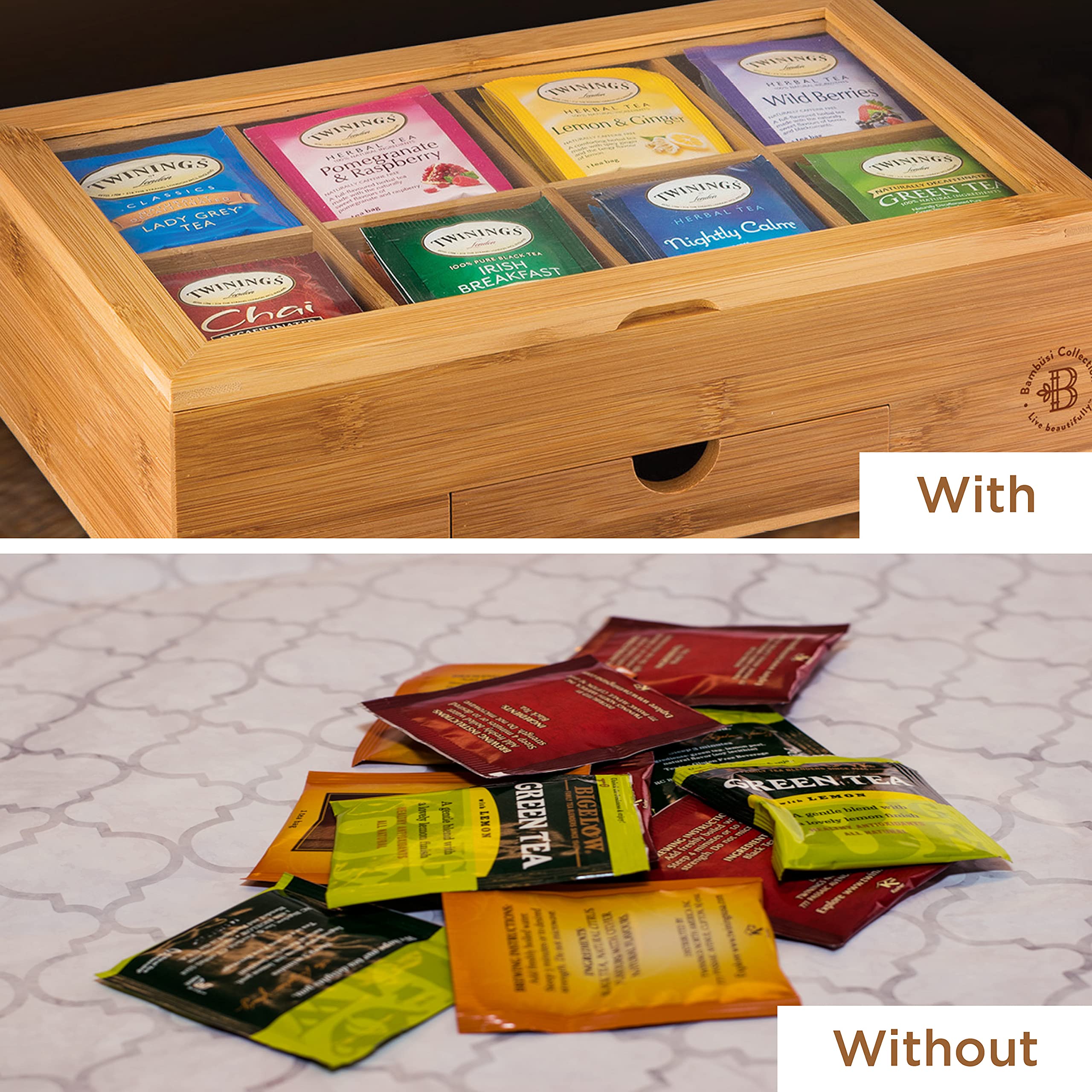 Bambüsi Bamboo Tea Bag Organizer Storage Box with Drawer - 3.9x12.9x7.9 inches - Magnetic Lid - Ideal Gift for Mom