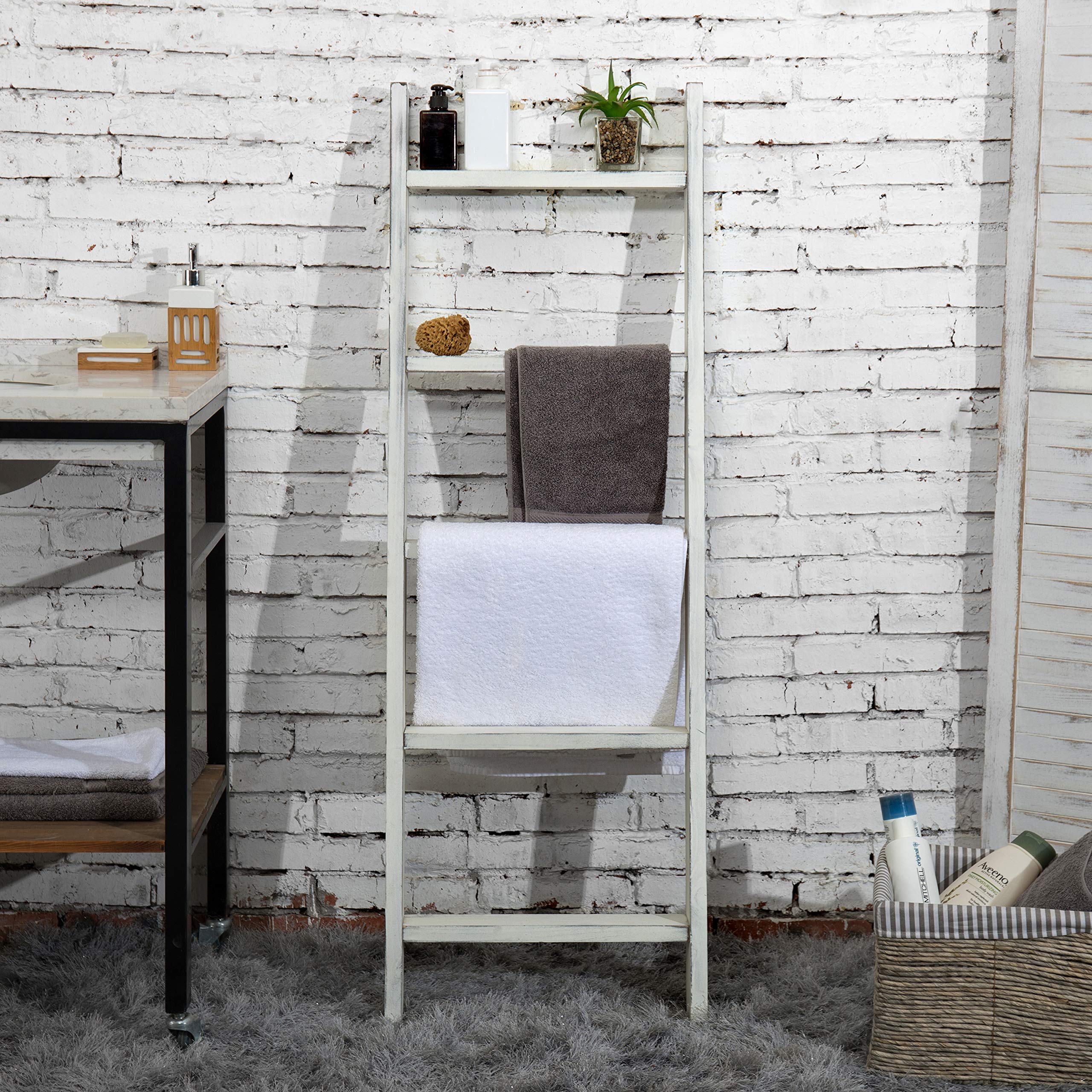 Mygift Large Whitewashed Wood Ladder Blanket Ladder, Farmhouse Style Wall Leaning Towel Rack With 5 Rungs (Vintage White)