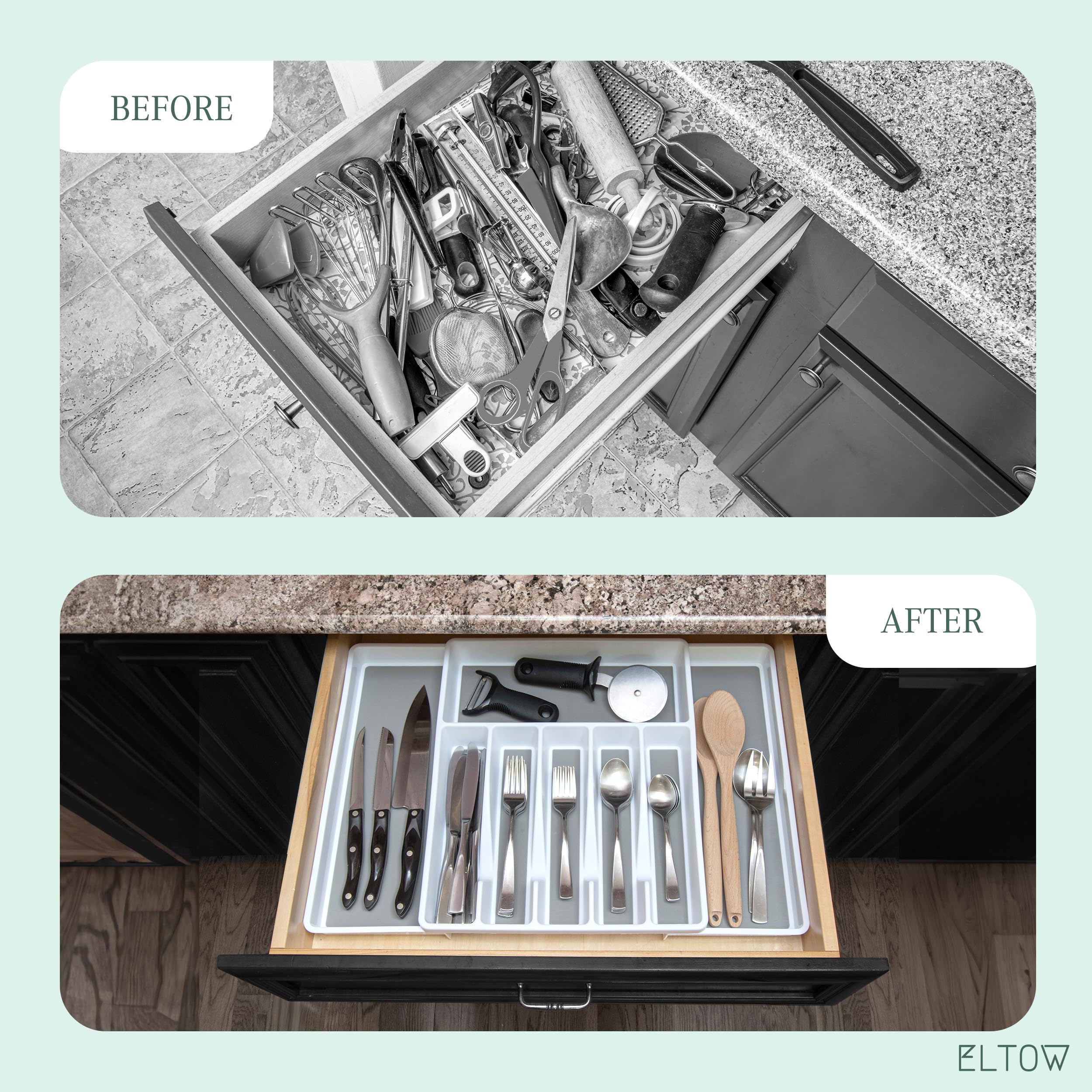 Eltow Large Expandable Silverware Drawer Organizer, 8 Compartment Non-Slip & Adjustable Silverware Organizer For Drawer, Kitchen
