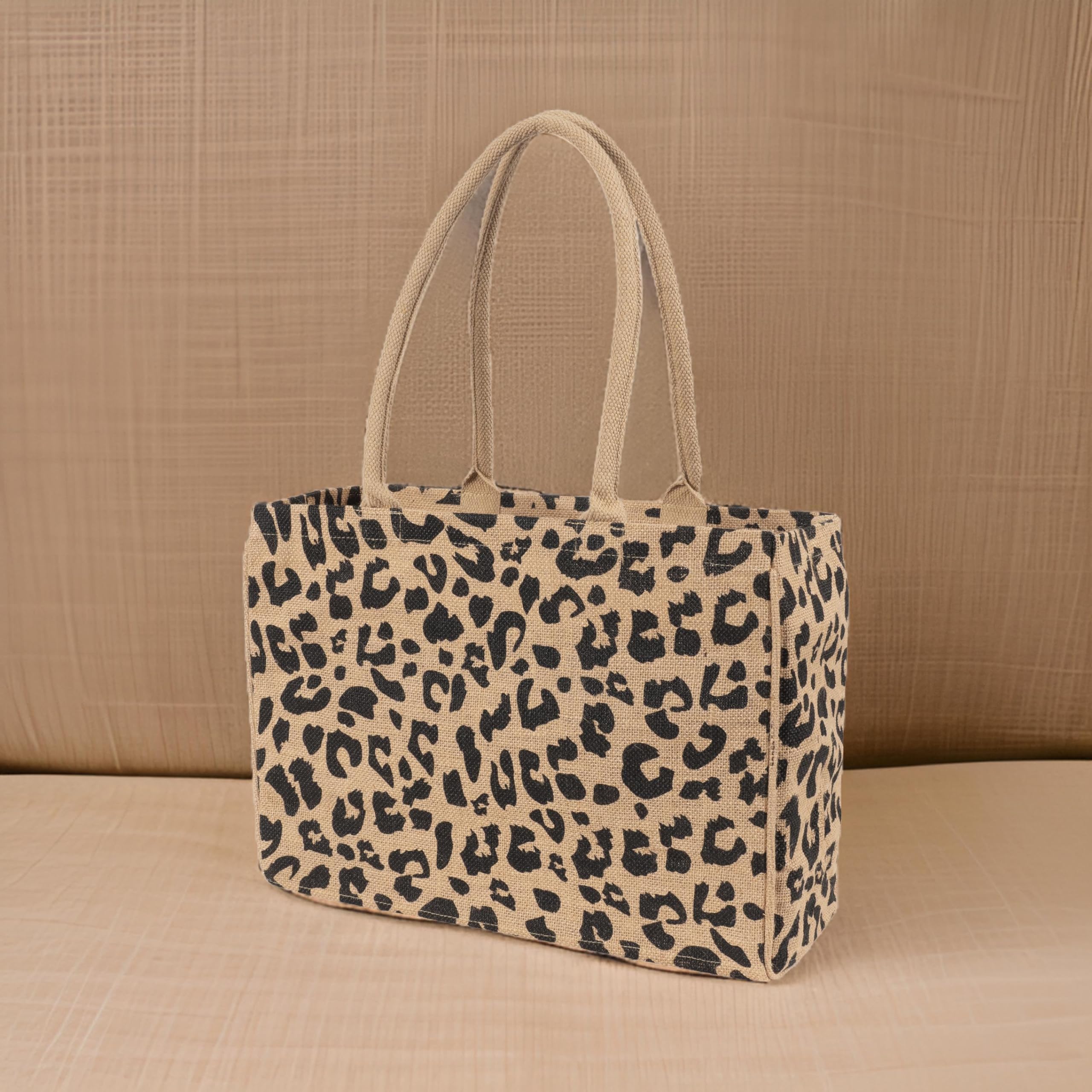 Kaf Home Jute Market Tote Bag, Leopard Print, Durable Handle, Reinforced Bottom And Interior Zipper Pocket