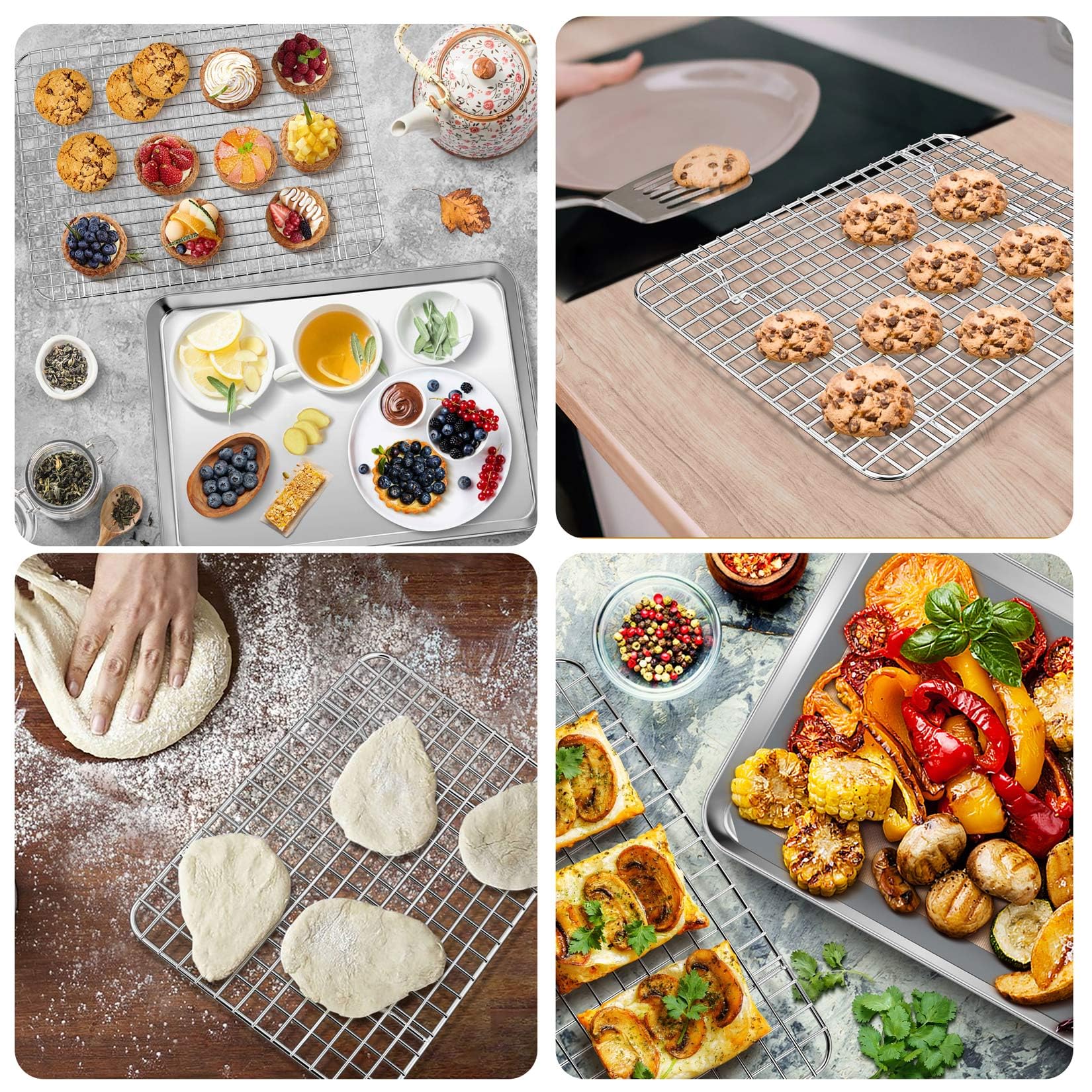 P&P Chef Baking Sheet And Rack Set, 8 Pack (4 Sheets + 4 Racks), 4 Sizes Stainless Steel Cookie Sheets Baking Pans With Cooling