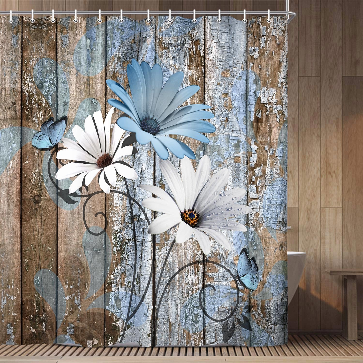 Jawo Farmhouse Flower Floral Shower Curtain, Rustic Blue Daisy Shower Curtain Set, Country Blue Wild Garden Plant Fabric Shower