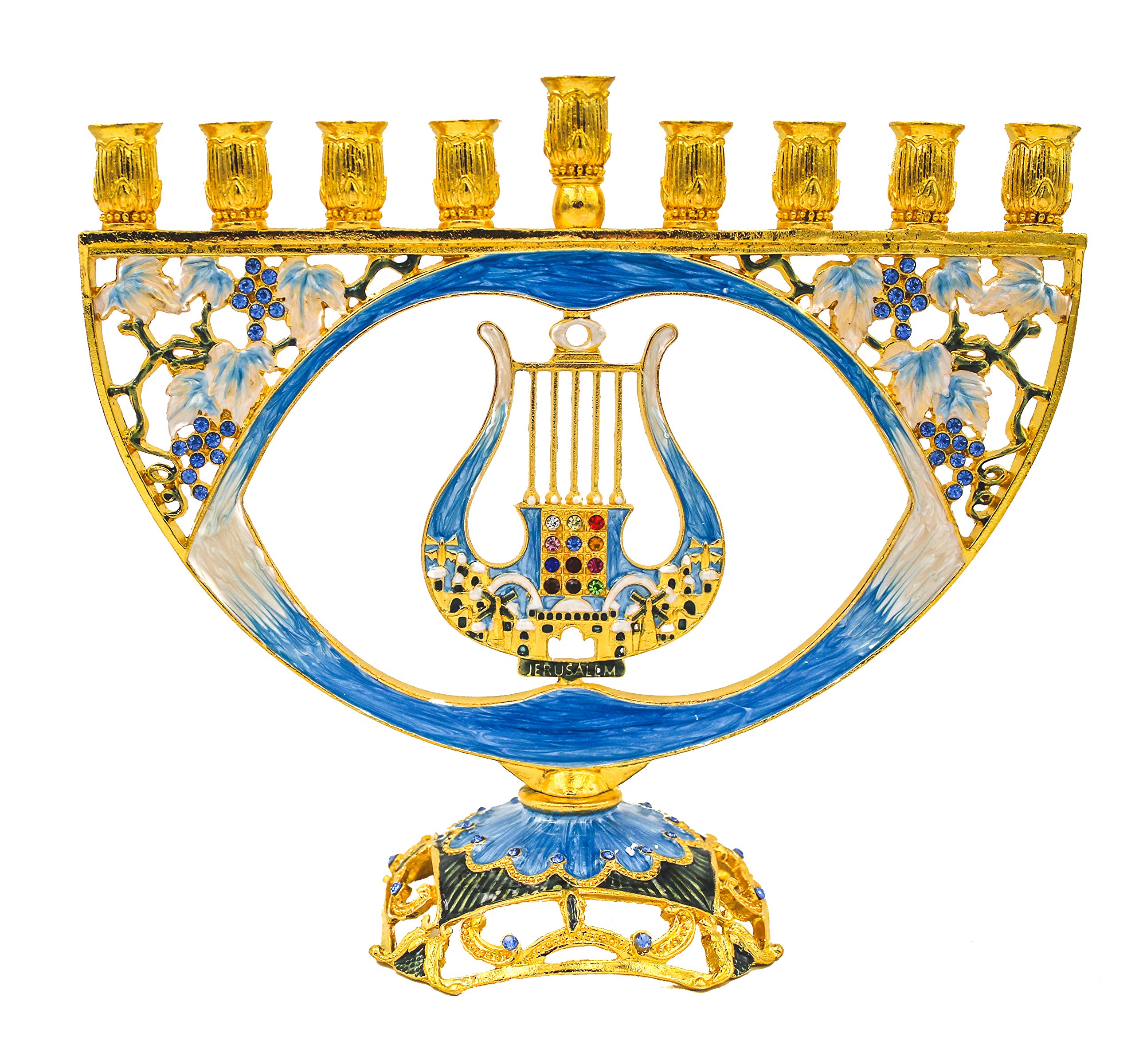 Mosaic Artistic Jeweled Menorah (Hand-Painted Jeweled Mosaic Blue & Gold - Harp)