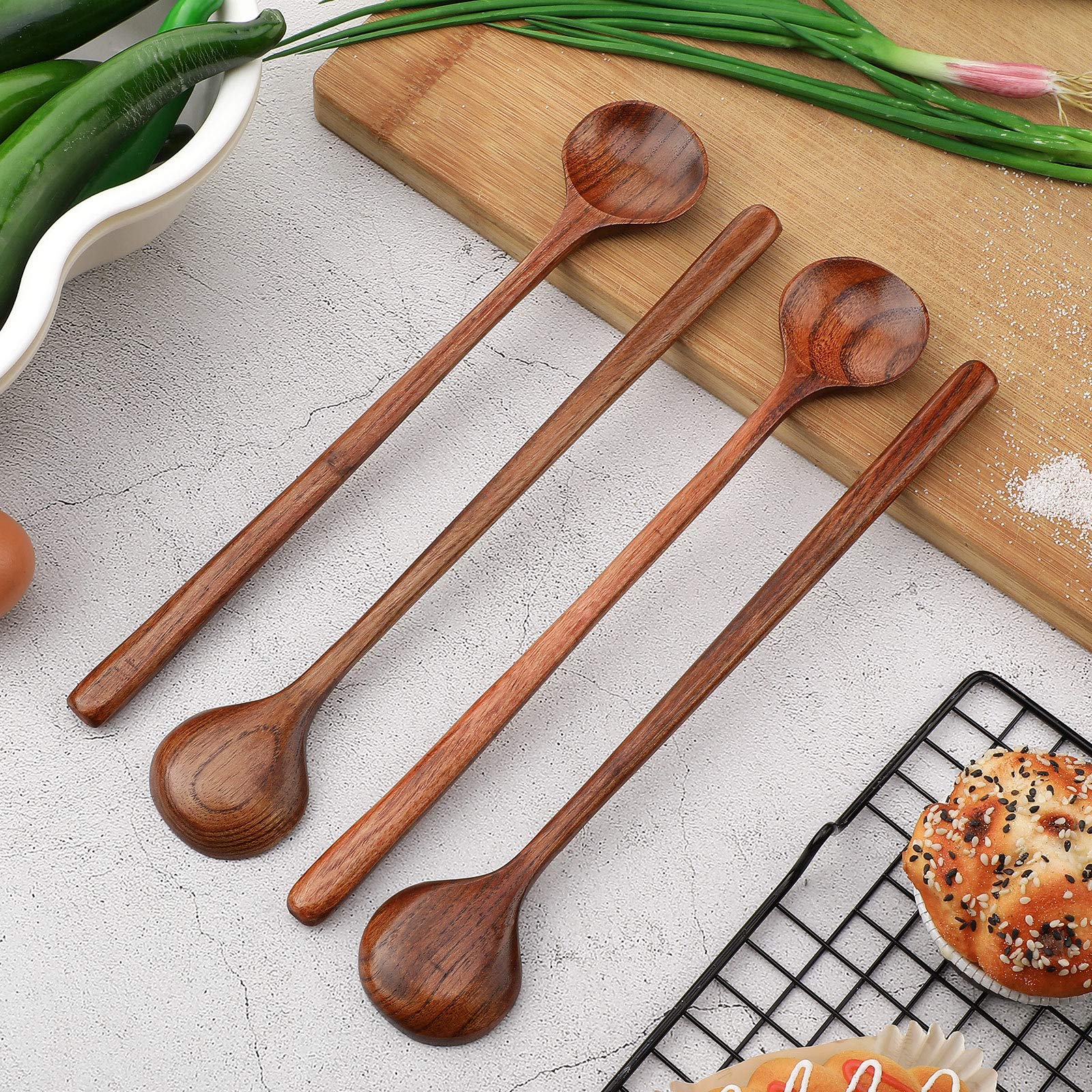 Patelai 6 Pcs 11 Inch Long Spoons Wooden Long Handle Round Spoons Korean Style Soup Spoons For Soup Cooking Mixing Stirring Kitc