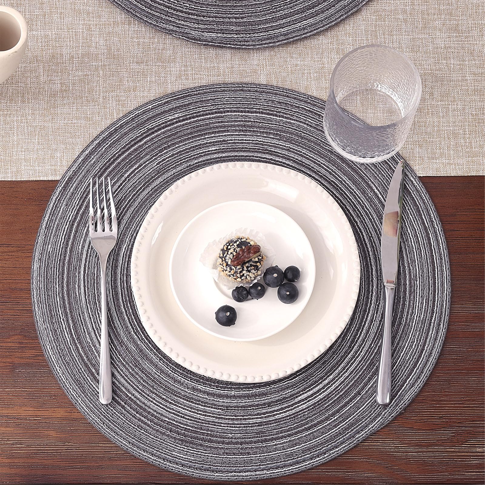 Shacos Round Braided Placemats Set Of 8 Round Table Mats For Dining Tables (Black Grey, 8)