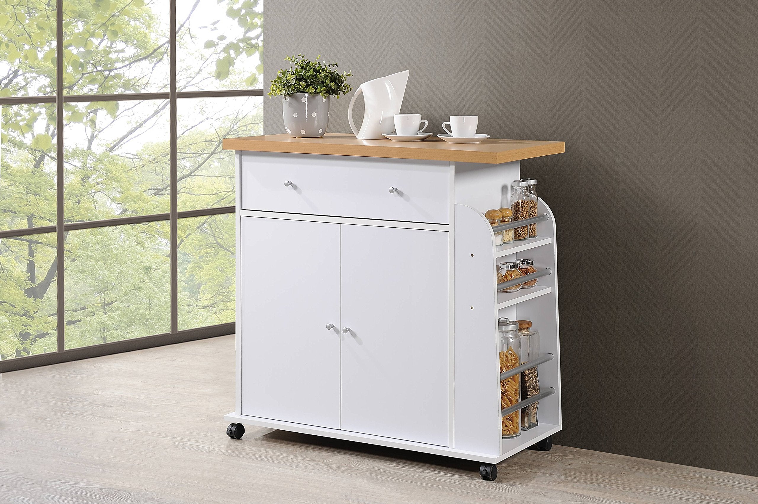 Hodedah Kitchen Cart with Spice Rack in White