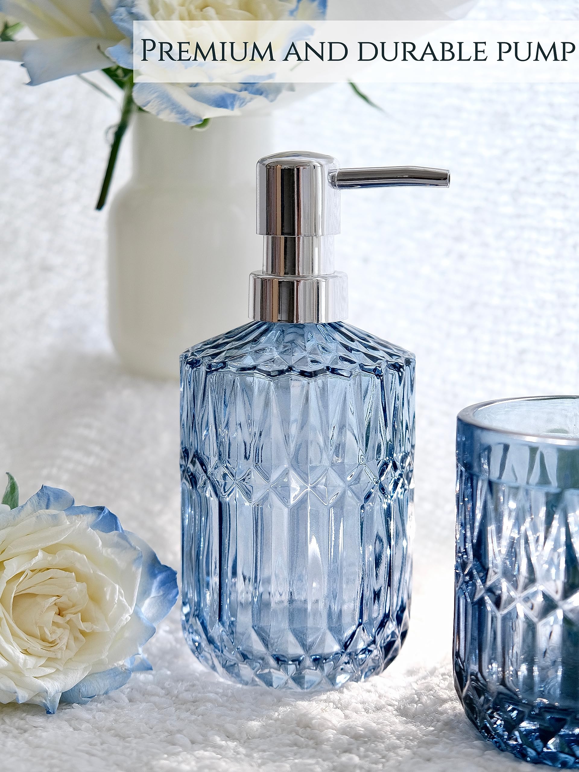 LaMarriti 5Pcs Blue Glass Bathroom Accessory Complete Set  Lotion Dispenser  Soap Dish  Tumbler  Cotton Swab Jars  Toothbrush Holder Set  Modern Bathroom Decor and Gift Set  Blue