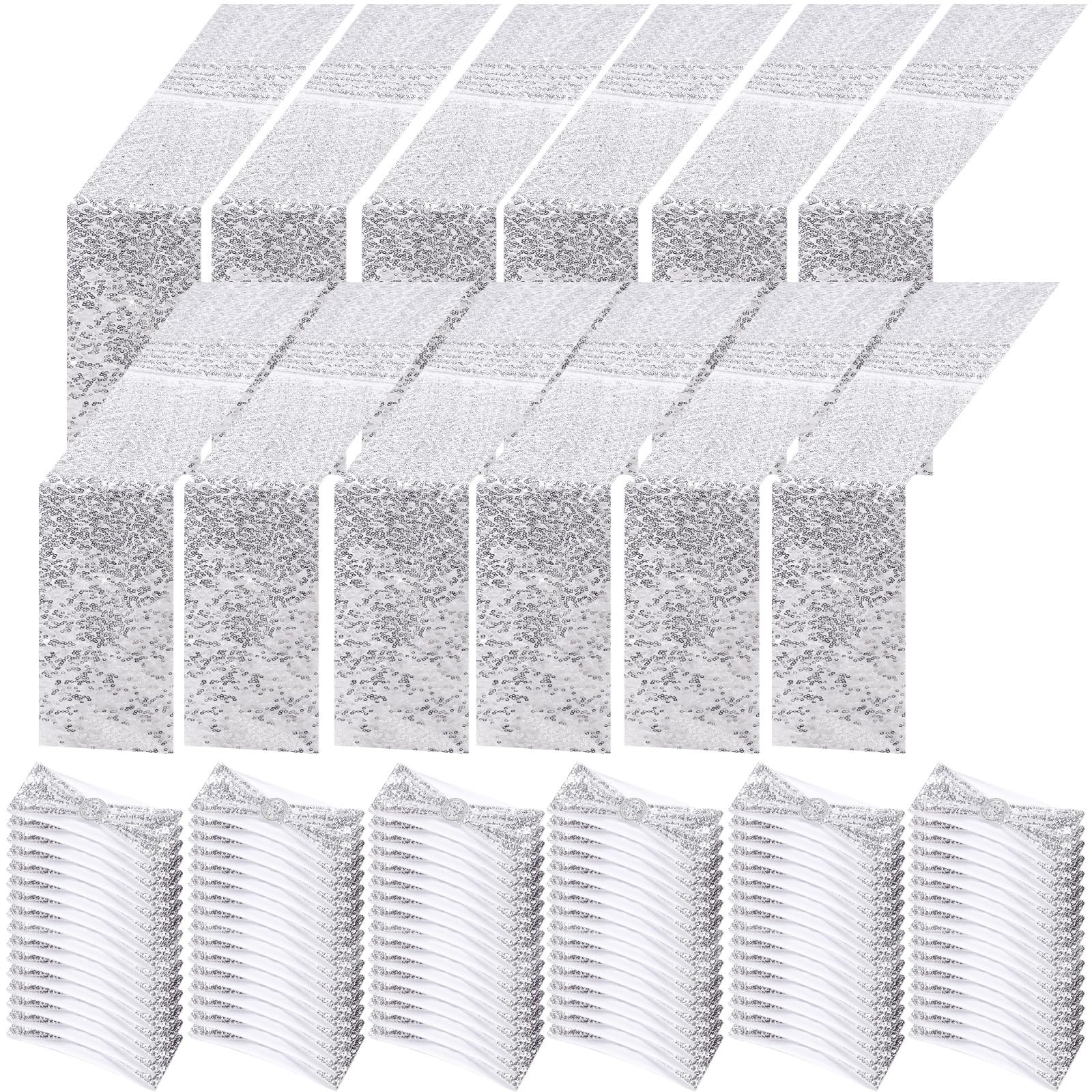 Newwiee 108 Pcs Silver Chair Sashes and Table Runners, 96 Sequin Chair Bows, 12 Glitter Table Runners for Birthday Party Wedding