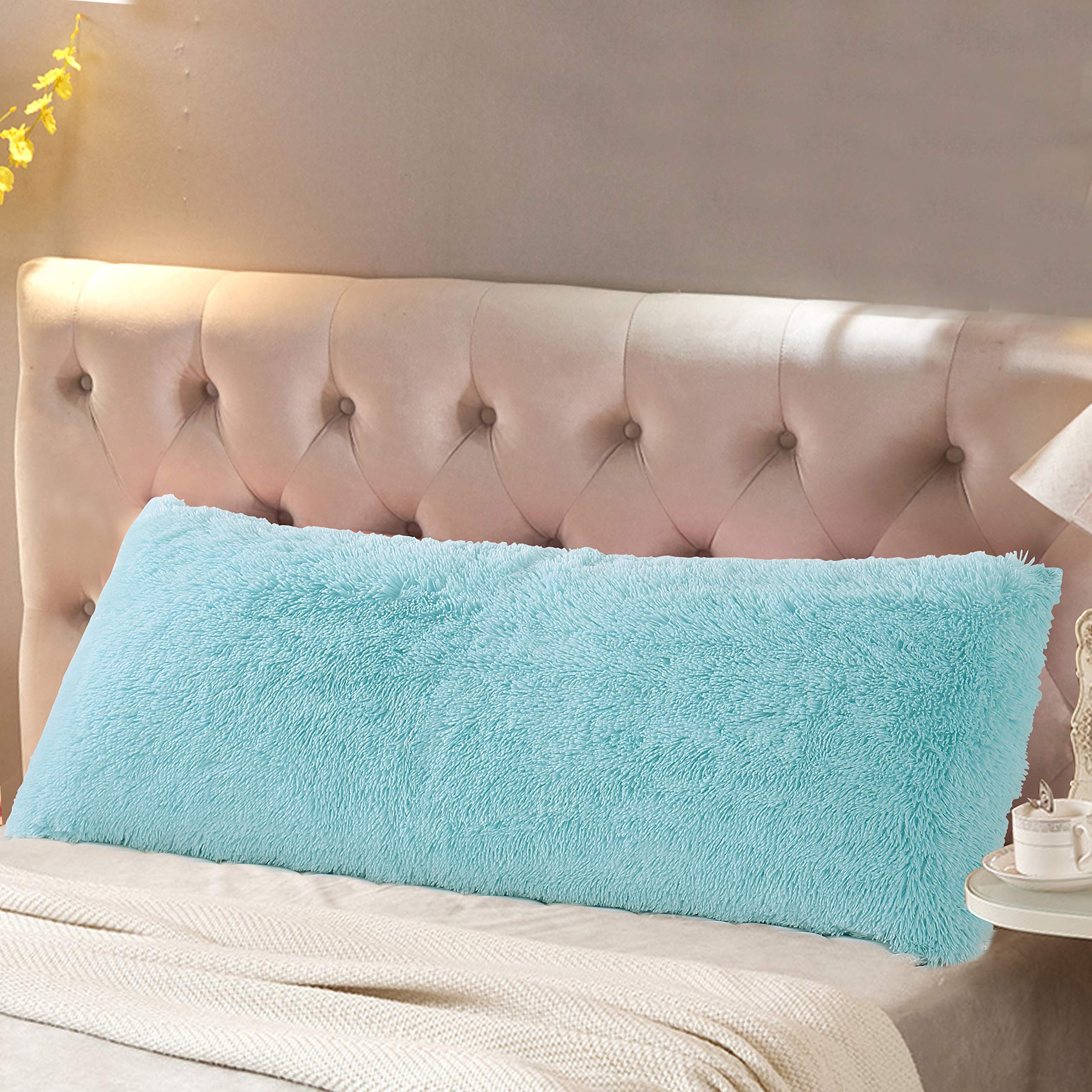 Reafort Luxury Long Hair, Pv Fur, Faux Fur Body Pillow Covercase 21X54 With Hidden Zipper Closure (Aqua, 21X54 Pillow Cover)