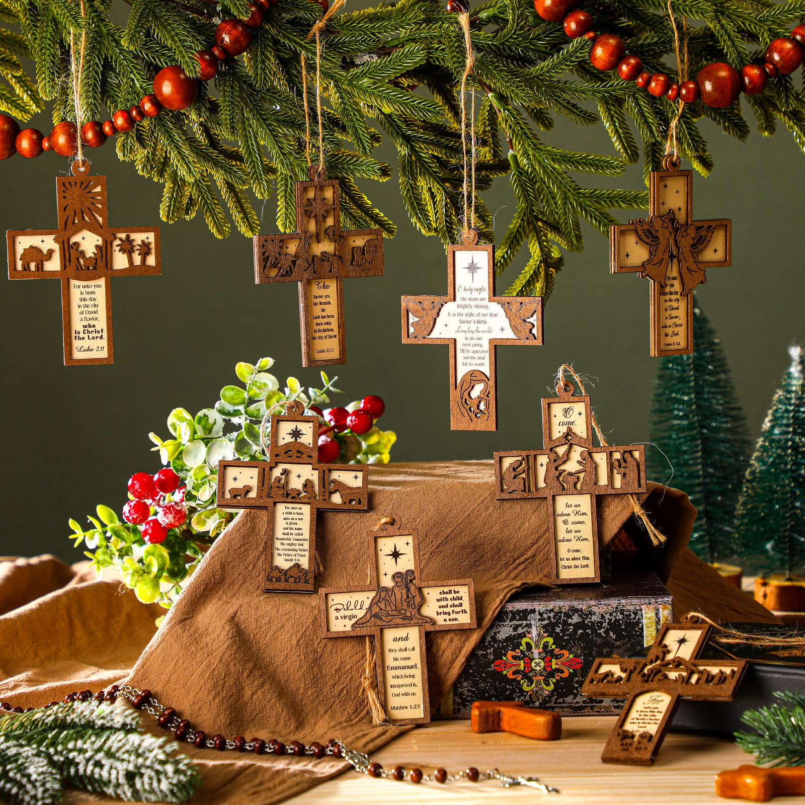 Seeloowy 24 Pcs Christmas Wooden Cross Ornaments for Tree Christian Religious Cross Hanging Ornaments Christian Nativity Scene G
