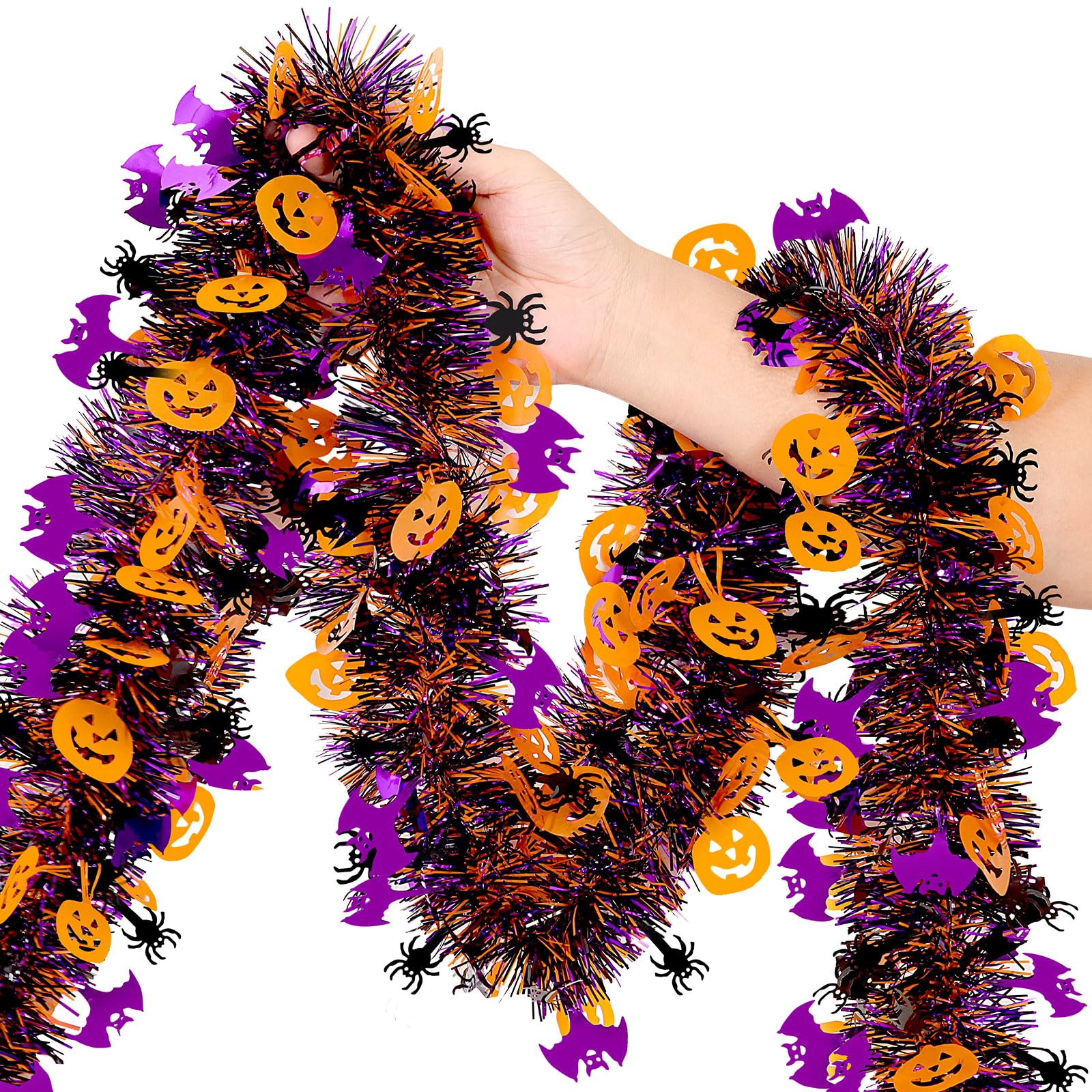 Halloween Garland Decorations,50Ft Glitter Tinsel Pumpkin Bats Spider Garland Decor for Tree Car Golf Cart Parade Float Indoor O