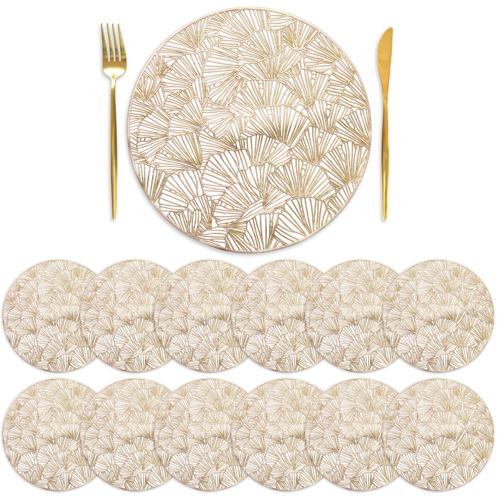 Deayou Set Of 12 Round Pressed Vinyl Placemats, Gold Wedding Accent Centerpiece Placemat, Non-Slip Placemats For Dining Table, K