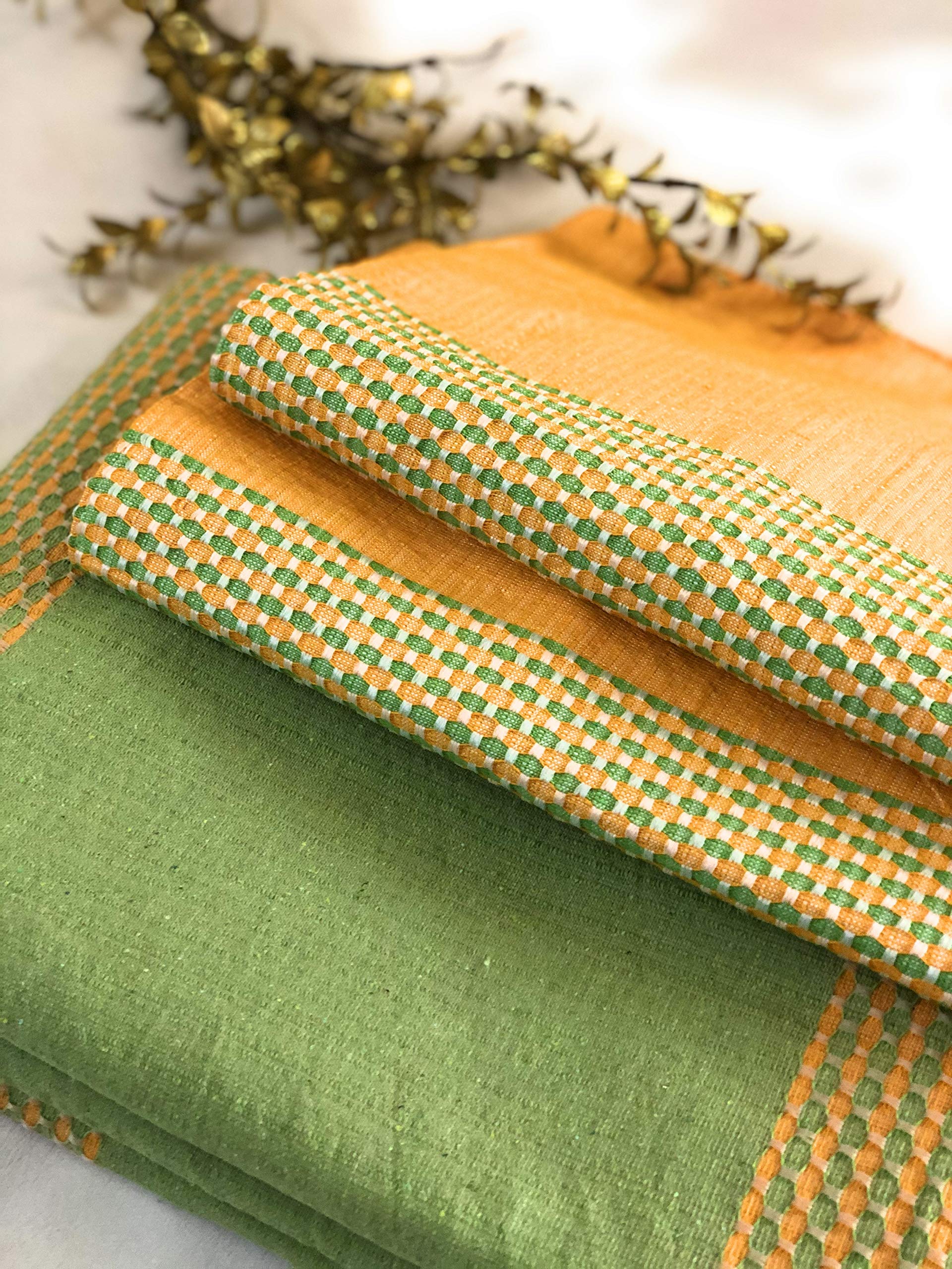 Rangbhar Handloom Cotton Double Bedsheet With 2 Pillow Covers,Woven Striped Bedsheet,90 X 100 Inch,Green,220 Tc