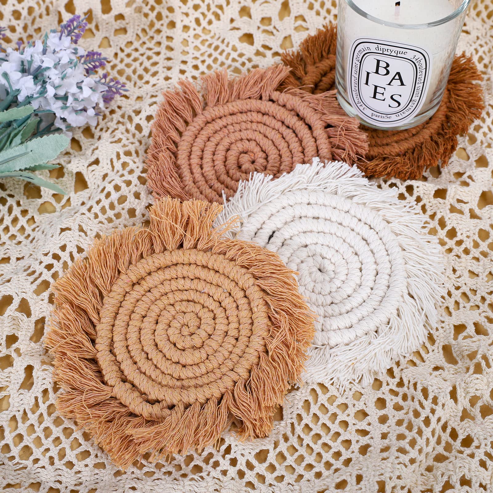 Whaline Boho Macrame Coasters Set Of 4 Handmade Woven Coaster For Drinks Bohemian Cup Mat With Tassel For Kinds Of Mugs And Cups