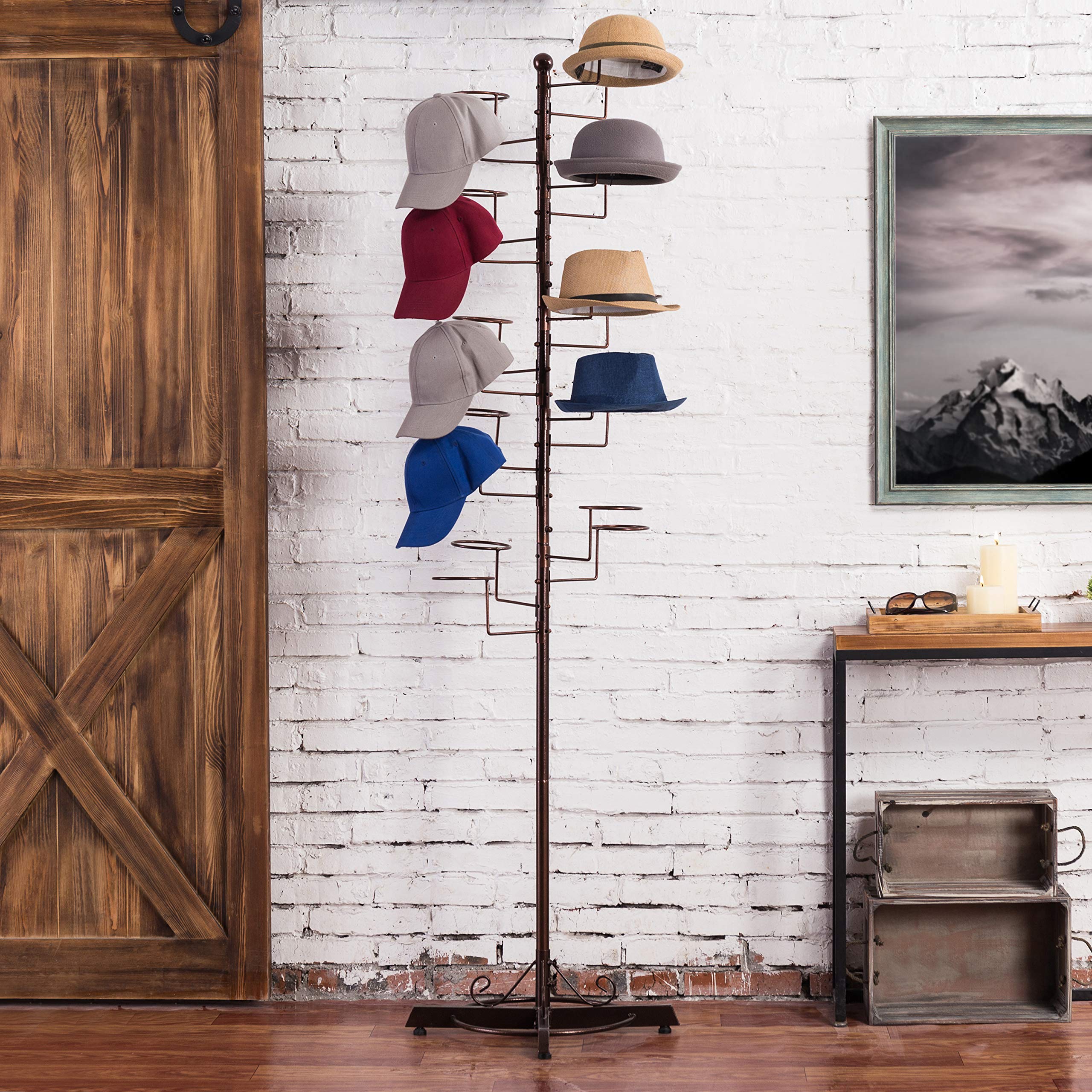 Mygift Modern Large Commercial Freestanding Hat Rack For Baseball Caps, Dark Brown Metal Retail Wig Stand Hat Tree For Store Dis